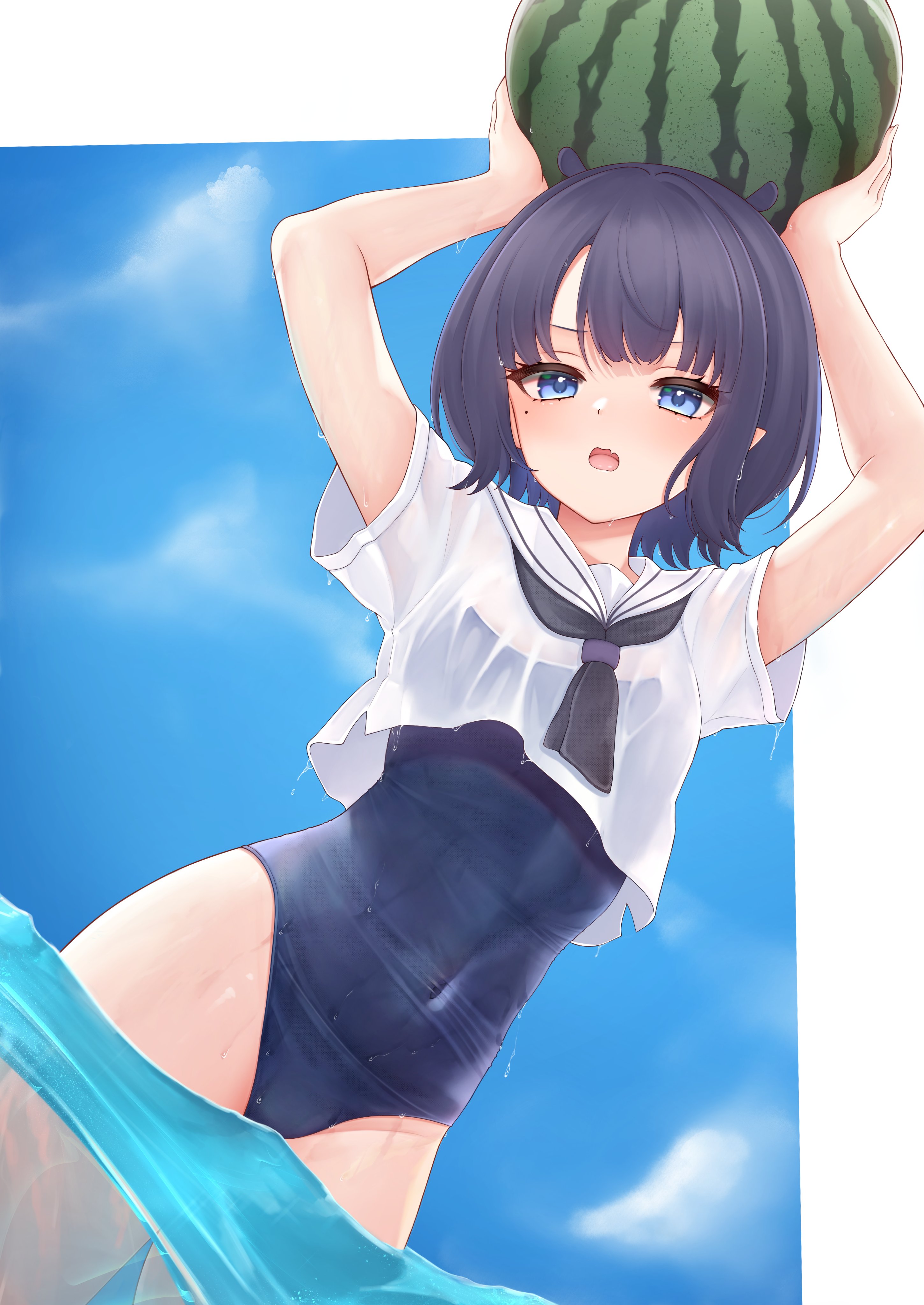 honon, ninomae ina'nis, hololive, hololive english, absurdres, commentary, hashtag-only commentary, highres, 1girl, :o, arms up, black neckerchief, blue eyes, blue sky, blunt bangs, covered navel, cropped shirt, day, dutch angle, fang, flat chest, holding, looking at viewer, mole, mole under eye, neckerchief, one-piece swimsuit, open mouth, outdoors, partially underwater shot, pointy ears, purple hair, sailor collar, see-through clothes, see-through shirt, shirt, short hair, short sleeves, skin fang, sky, solo, swimsuit, swimsuit under clothes, virtual youtuber, wet, white sailor collar, white shirt