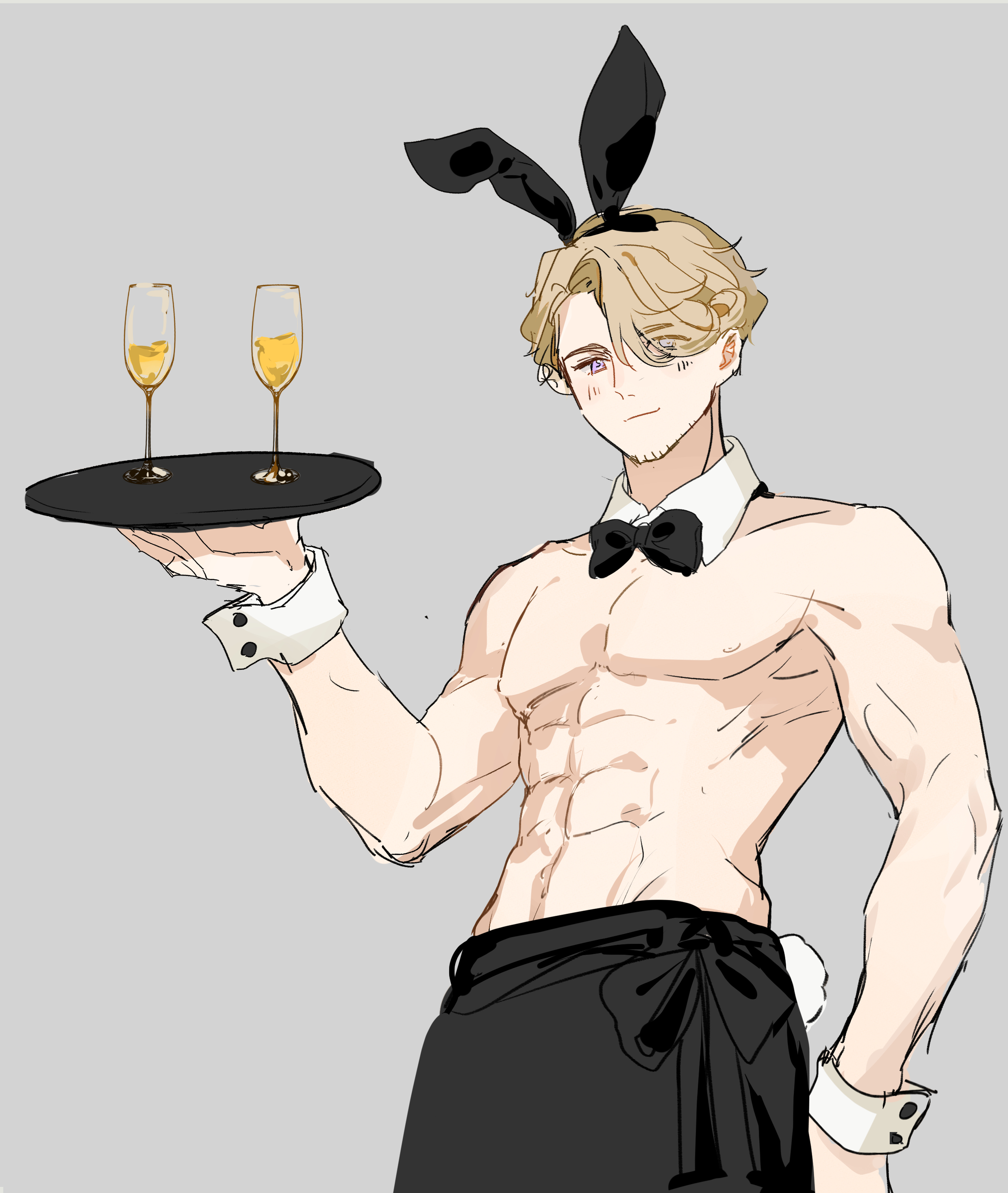 cubed (houkuaid), france (hetalia), axis powers hetalia, absurdres, highres, 1boy, abs, animal ears, apron, blonde hair, blush, bow, bowtie, cup, detached collar, drinking glass, facial hair, fake animal ears, goatee stubble, grey background, hair over one eye, holding, holding tray, looking at viewer, male focus, male playboy bunny, muscular, muscular male, navel, purple eyes, rabbit ears, rabbit tail, short hair, simple background, smile, solo, stubble, tail, topless male, tray, waist apron, wine glass, wrist cuffs