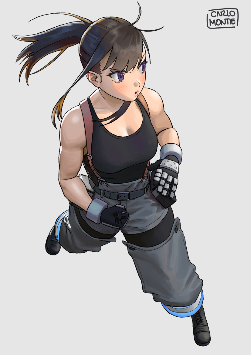 carlo montie, maki oze, en'en no shouboutai, hashtag-only commentary, 1girl, artist name, bare shoulders, black boots, black gloves, black hair, black tank top, boots, breasts, from above, full body, gloves, grey background, grey pants, medium breasts, pants, parted lips, ponytail, purple eyes, simple background, solo, suspenders, tank top