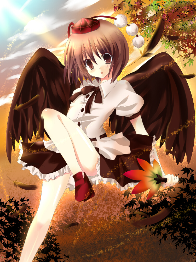 kinoko (hkn), knk, shameimaru aya, touhou, bad id, bad pixiv id, 1girl, black hair, black wings, feathers, female focus, flat chest, geta, hat, looking at viewer, red eyes, short hair, skirt, solo, tengu-geta, wings