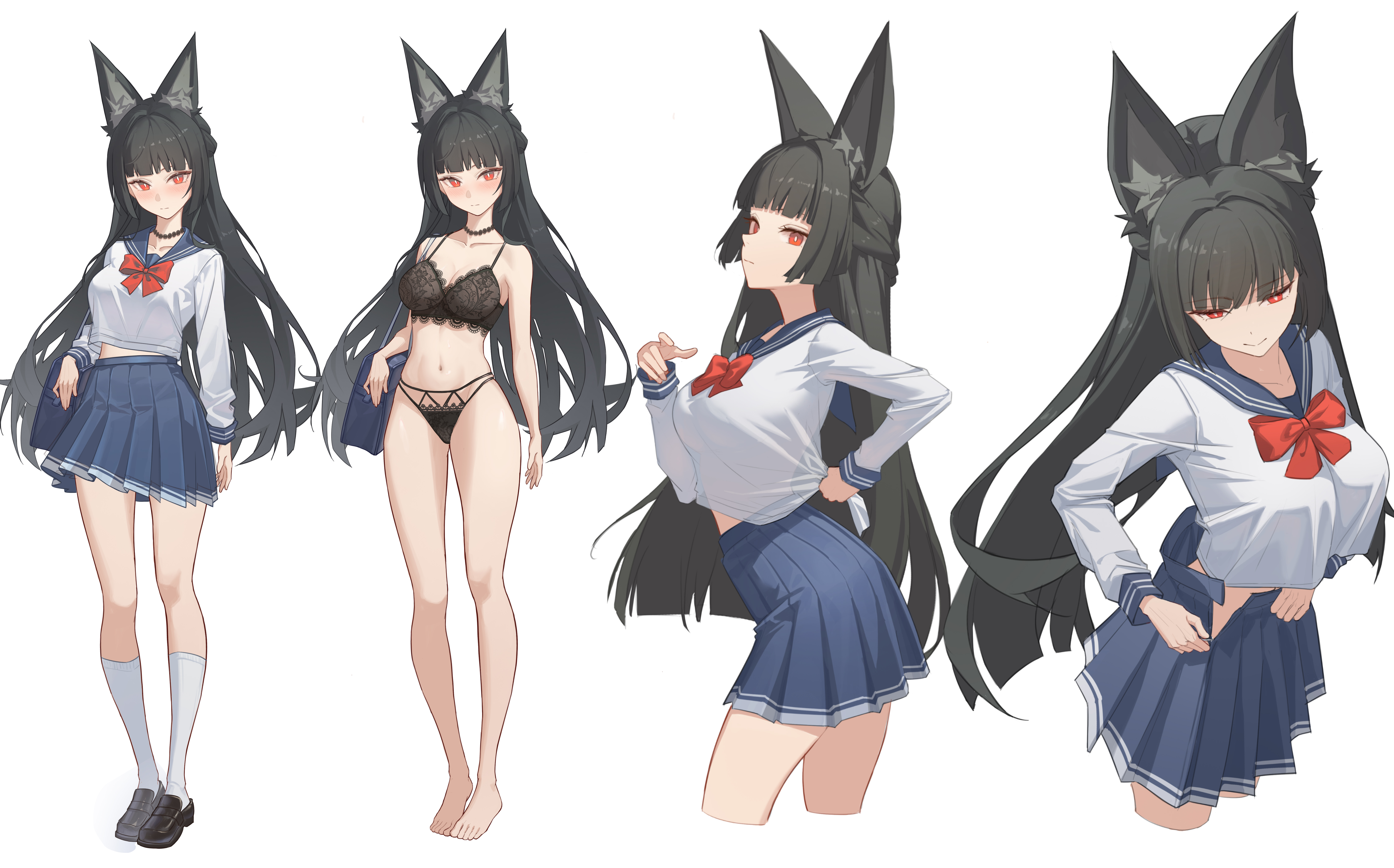shengkai167, hoshimi miyabi, zenless zone zero, absurdres, highres, 1girl, alternate costume, animal ear fluff, animal ears, bare arms, bare legs, bare shoulders, barefoot, black bra, black choker, black hair, black panties, black shoes, blue skirt, blush, bra, breasts, choker, fox ears, fox girl, from above, from side, hand on own hip, long hair, looking at viewer, navel, panties, red eyes, red ribbon, ribbon, school uniform, shirt, shoes, skirt, socks, solo, standing, stomach, underwear, undressing, white shirt, white socks