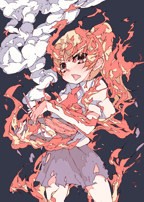 kitano yuusuke, moe-chan, original, 1girl, :o, blue skirt, cowboy shot, female focus, fire, looking back, open mouth, pleated skirt, pun, red eyes, red hair, skirt, smoke, solo, standing, torn clothes, torn skirt