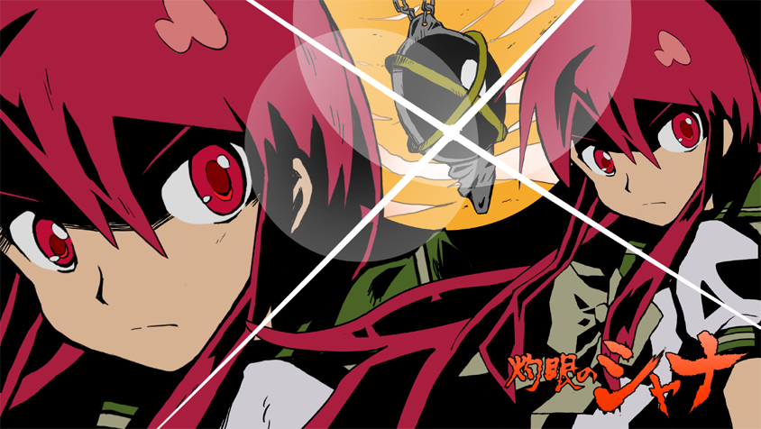 uo ichiba, alastor (shakugan no shana), shana, shakugan no shana, tengen toppa gurren lagann, bad id, bad pixiv id, 1girl, crossover, jewelry, lens flare, necklace, parody, pendant, red eyes, red hair, school uniform, serafuku, style parody