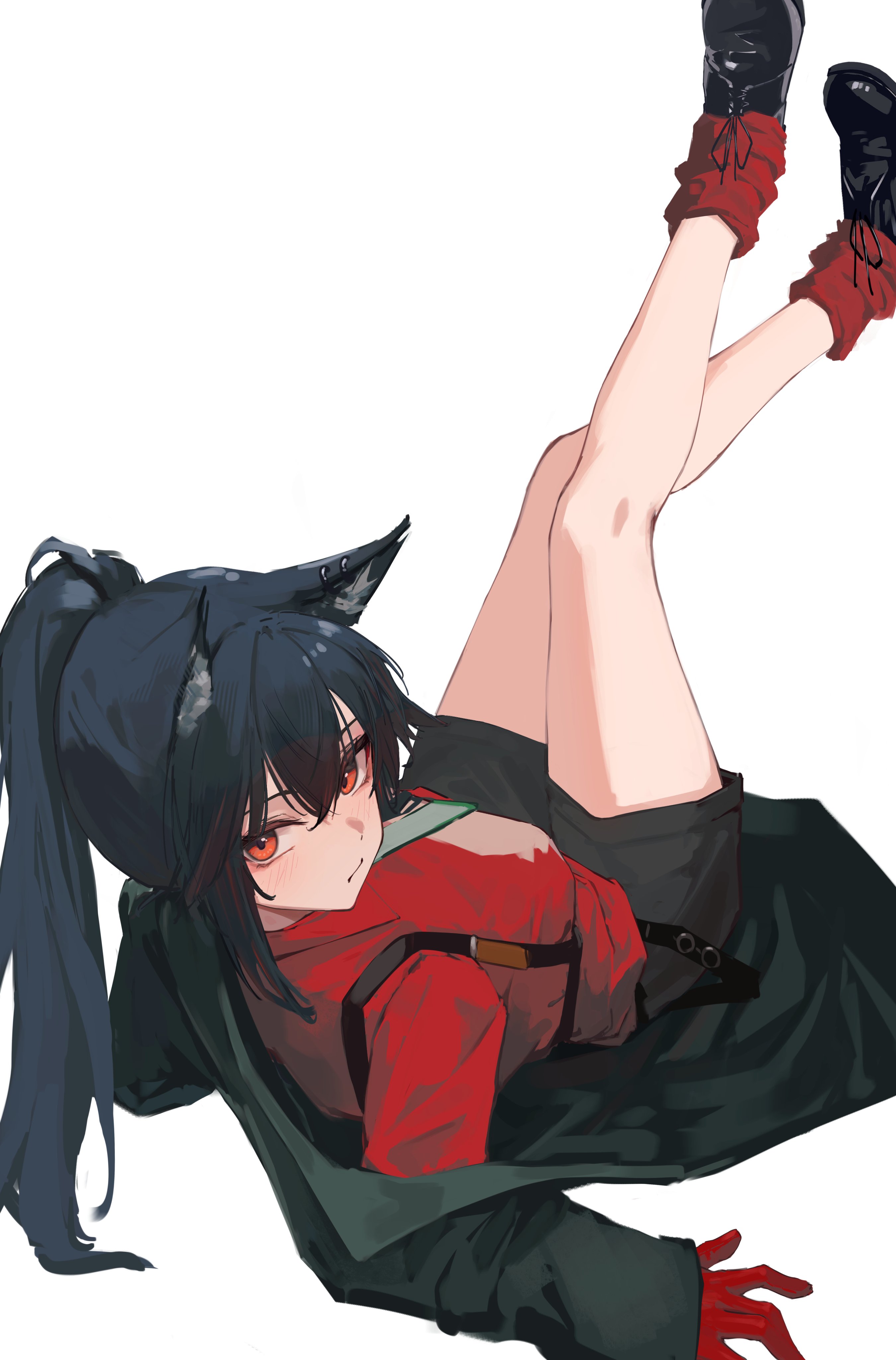 nekomatamago, texas (arknights), texas (willpower) (arknights), arknights, absurdres, highres, 1girl, animal ear fluff, animal ear piercing, animal ears, black hair, black jacket, black shoes, black shorts, closed mouth, full body, gloves, hair between eyes, jacket, legs up, long hair, looking at viewer, loose socks, official alternate costume, orange eyes, ponytail, red gloves, red shirt, red socks, shirt, shoes, shorts, simple background, socks, solo, turning head, white background, wolf ears, wolf girl