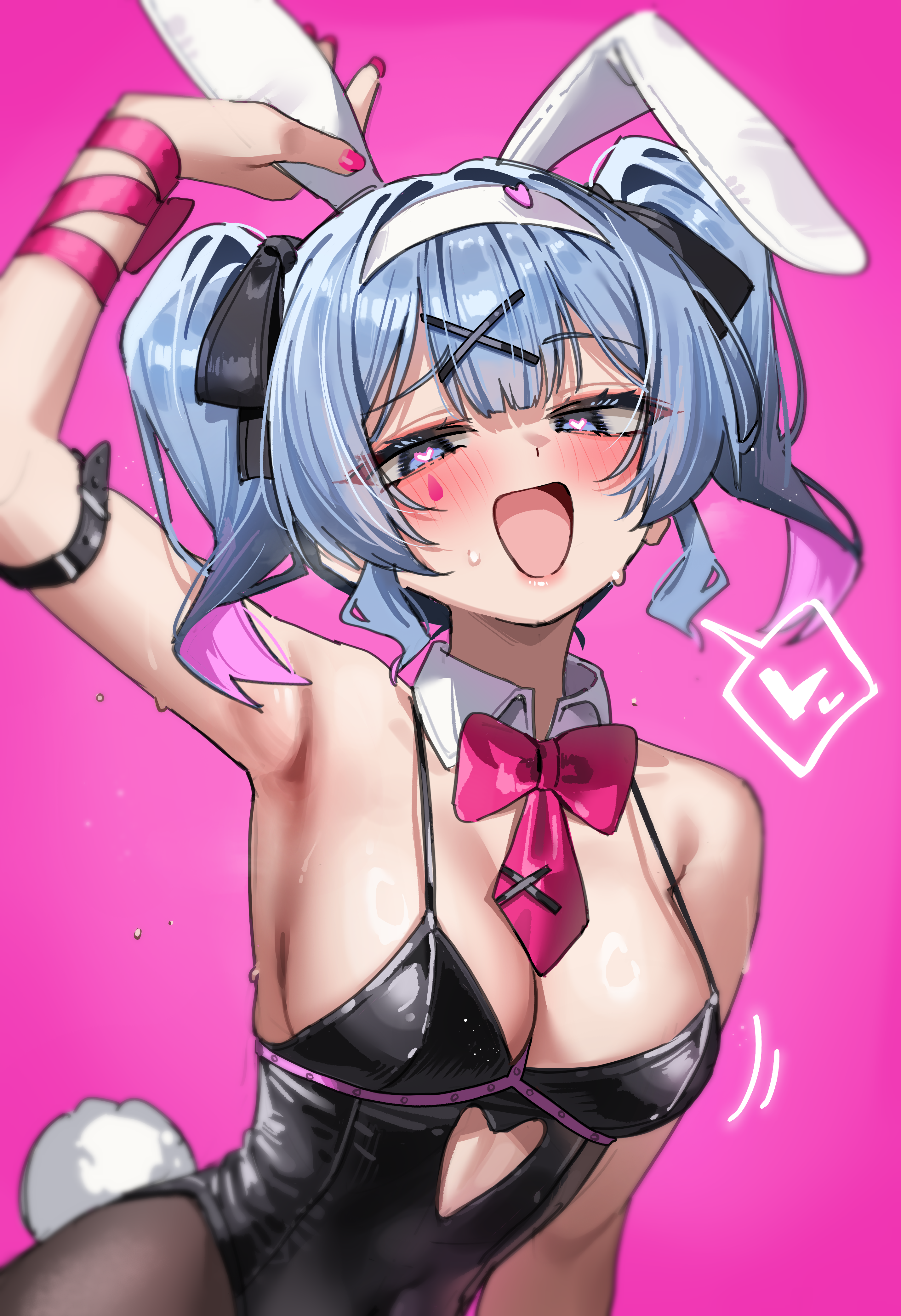 green tea (matchaistasty), hatsune miku, rabbit hole (vocaloid), vocaloid, absurdres, commentary request, highres, revision, 1girl, animal ear hairband, animal ears, arm belt, armpits, black leotard, black pantyhose, blush, bow, bowtie, breasts, clothing cutout, cutout above navel, detached collar, fake animal ears, fake tail, fingernails, hair intakes, hair ornament, hairband, heart, heart cutout, large breasts, leotard, long hair, looking at viewer, nail polish, naughty face, necktie, open mouth, pantyhose, pink bow, pink bowtie, pink nails, pink necktie, playboy bunny, rabbit ear hairband, rabbit ears, rabbit tail, short necktie, simple background, smile, solo, spoken heart, tail, teardrop facial mark, twintails, upper body, x hair ornament