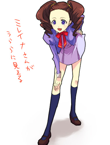 kasugano urara (yes! precure 5), mileina vashti, gundam, gundam 00, precure, yes! precure 5, lowres, brown hair, cosplay, drill hair, l'ecole des cinq lumieres school uniform, mary janes, parody, purple eyes, shoes, skirt, socks, solo, twintails
