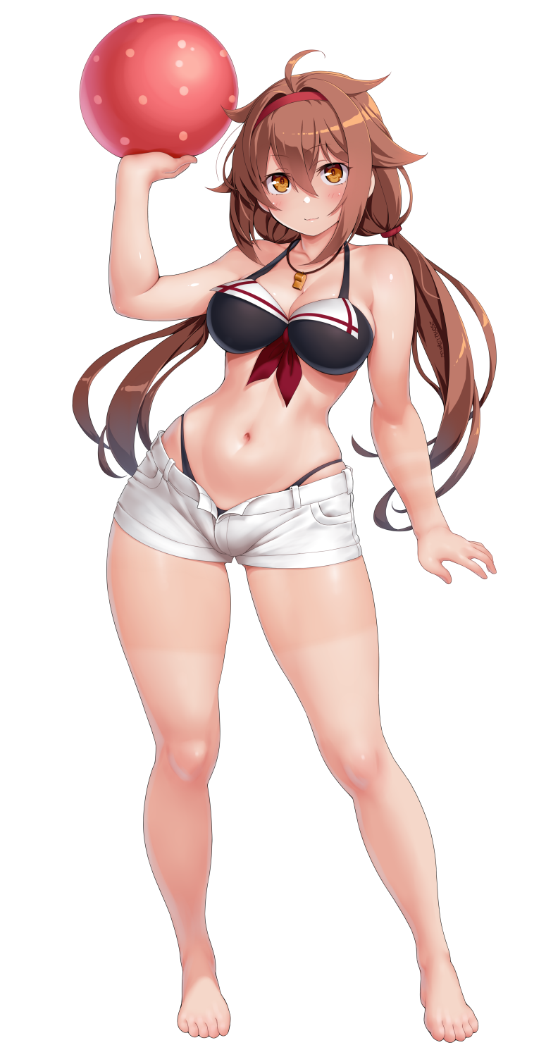 dd (ijigendd), shiratsuyu (kancolle), shiratsuyu (swimsuit) (kancolle), shiratsuyu kai ni (kancolle), kantai collection, highres, 1girl, ball, barefoot, beachball, bikini, bikini under shorts, black bikini, breasts, brown eyes, brown hair, closed mouth, full body, hairband, highleg, highleg bikini, holding, holding ball, holding beachball, large breasts, long hair, looking at viewer, low twintails, navel, red hairband, short shorts, shorts, simple background, solo, standing, swimsuit, toes, twintails, whistle, whistle around neck, white background, white shorts