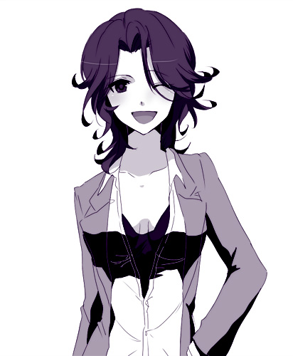 sumeragi lee noriega, gundam, gundam 00, lowres, 00s, 1girl, blazer, bra, female focus, jacket, lingerie, monochrome, one eye closed, open clothes, open shirt, purple theme, shirt, short hair, smile, solo, underwear, wink