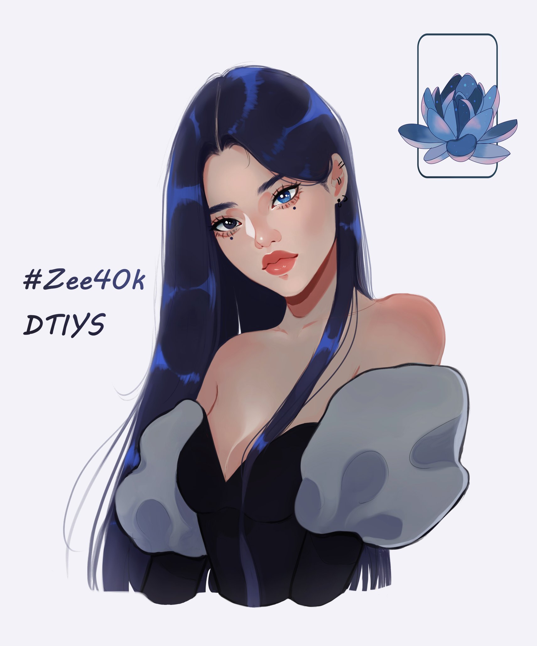 zeebythesea, umi (zeebythesea), original, highres, 1girl, aegyo sal, asian, black dress, black eyes, blue eyes, blue hair, blunt ends, breasts, closed mouth, draw this in your style challenge, dress, ear piercing, english text, eyelashes, flower, grey sleeves, hair behind ear, hair over breasts, hair over one breast, head tilt, heterochromia, juliet sleeves, long hair, long sleeves, looking at viewer, lotus, medium breasts, mole, mole under eye, off-shoulder dress, off shoulder, parted bangs, piercing, puffy sleeves, straight hair, thick eyebrows, thick lips, twitter username, upper body