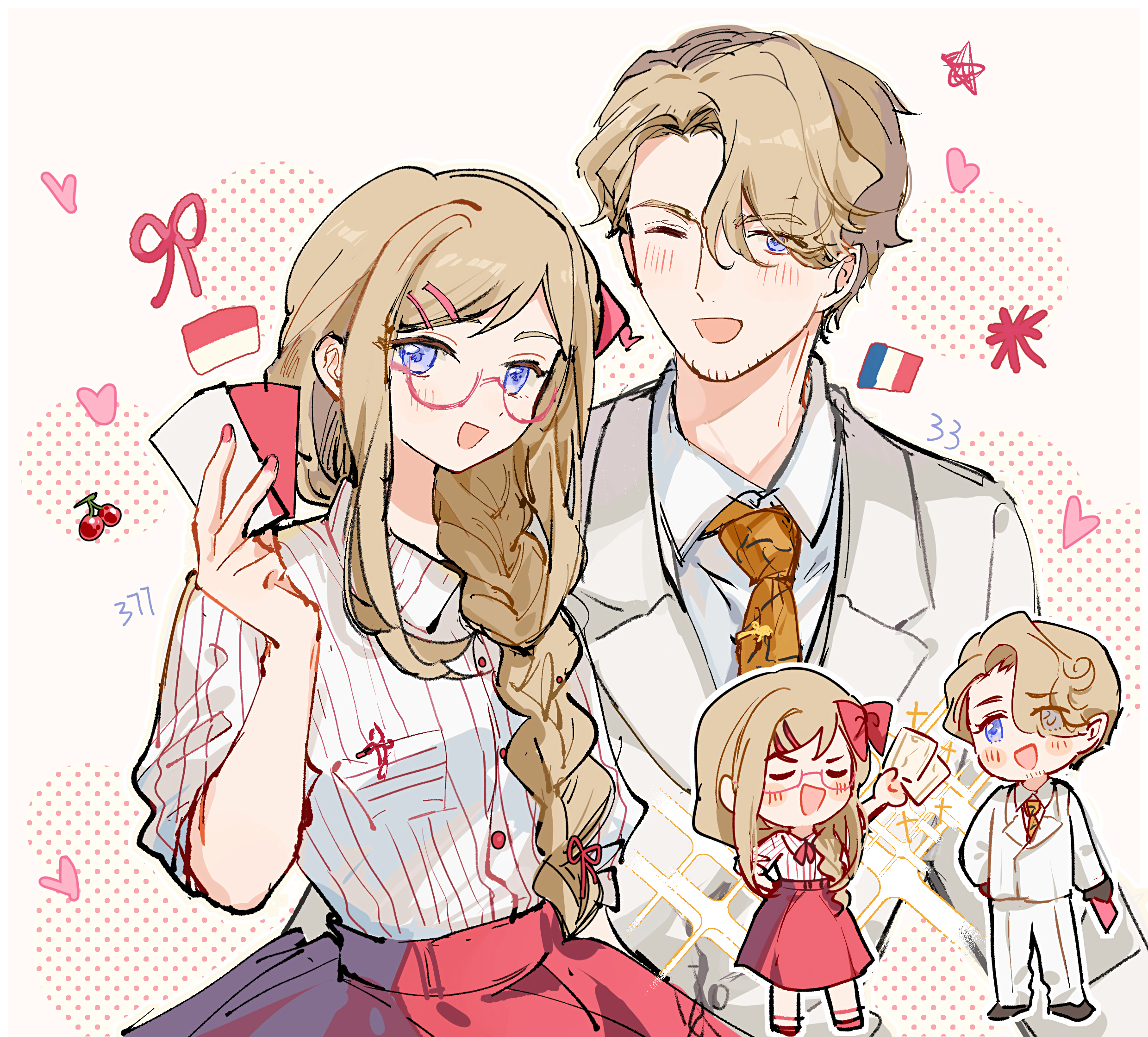cubed (houkuaid), france (hetalia), monaco (hetalia), axis powers hetalia, highres, 1boy, 1girl, blonde hair, blue eyes, bow, braid, braided ponytail, card, chibi, chibi inset, closed eyes, collared shirt, facial hair, goatee stubble, hair bow, hair ornament, hair over one eye, hairclip, holding, holding card, jacket, long hair, multiple views, open mouth, pants, shirt, short hair, single braid, skirt, smile, solo, stubble