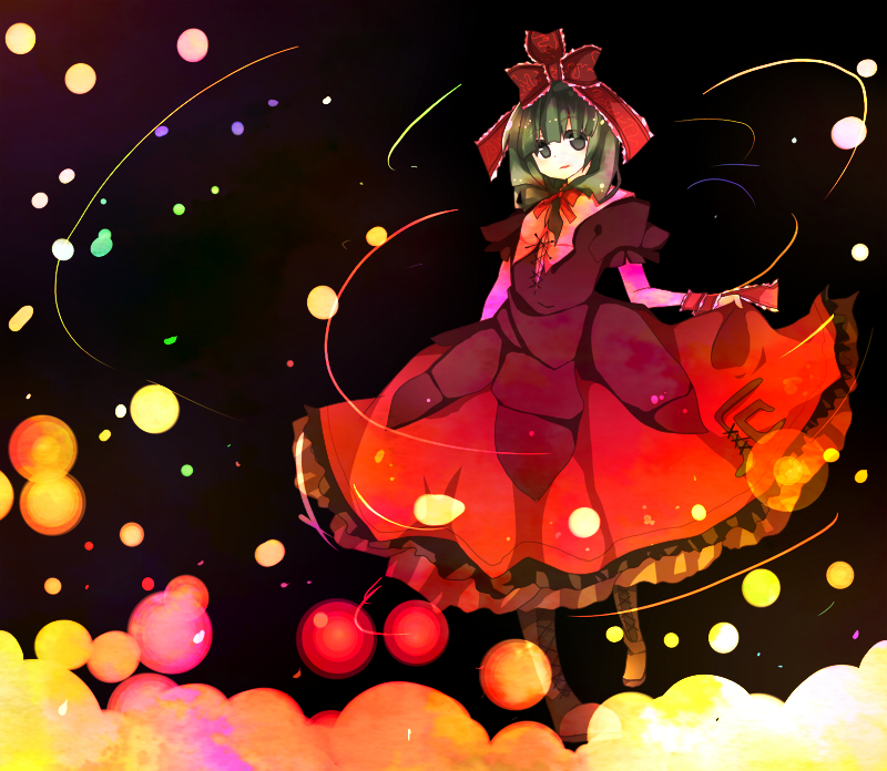 kagiyama hina, touhou, 1girl, colorful, dress, female focus, frills, front ponytail, green hair, ribbon, skirt hold, smile, solo