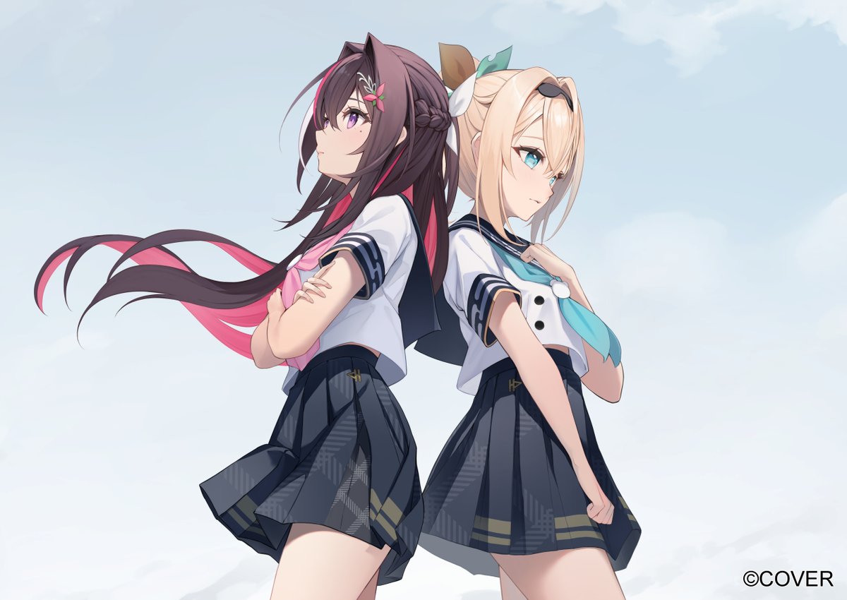 cowengium, azki (hololive), kazama iroha, kazama iroha (school uniform), hololive, commentary request, official art, 2girls, aqua eyes, aqua neckerchief, asymmetrical sidelocks, black hair, black hairband, blonde hair, blue neckerchief, braid, buttons, colored inner hair, copyright notice, crossed arms, crossed bangs, double-breasted, double-parted bangs, floating hair, hair intakes, hair ornament, hairband, hairclip, half up half down braid, hand on own chest, long hair, medium hair, miniskirt, mole, mole under eye, multicolored hair, multiple girls, neckerchief, official alternate costume, pink hair, pink neckerchief, pleated skirt, ponytail, purple eyes, school uniform, serafuku, shirt, short sleeves, sidelocks, simple background, skirt, streaked hair, very long hair, virtual youtuber, white background, white hair, white shirt