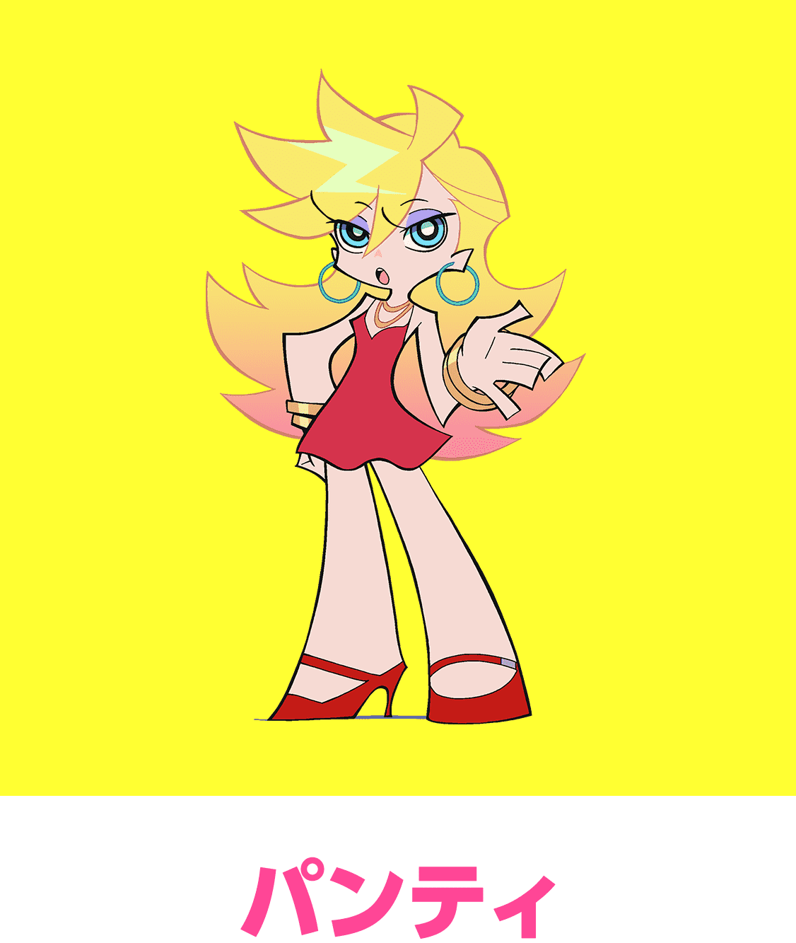 panty (psg), panty & stocking with garterbelt, trigger (company), highres, official art, 1girl, blonde hair, blue eyes, earrings, eyeshadow, handstand, high heels, jewelry, makeup, open mouth, red skirt, simple background, skirt, yellow background