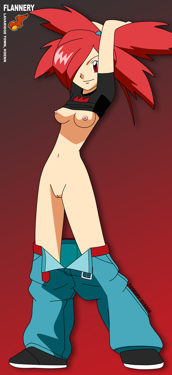 togeepy, asuna (pokemon), pokemon, highres, breasts, gym leader, hair over one eye, navel, nipples, no bra, no panties, pants pull, pussy, red hair, shirt lift, uncensored