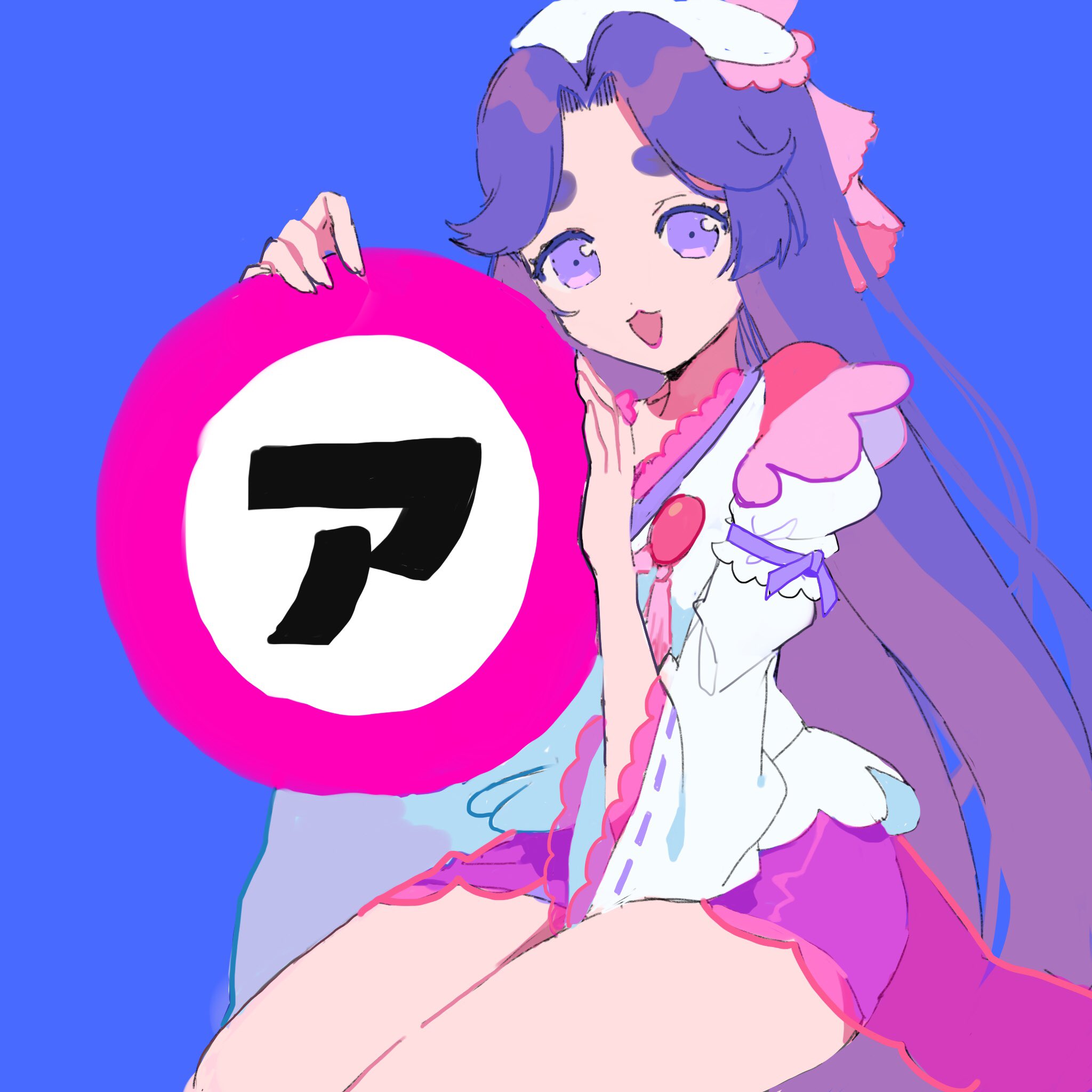 maayan, azuma sara, sarazanmai, heart ring, commentary request, highres, translation request, 1girl, :3, blue background, holding, japanese clothes, jewelry, kimono, long hair, looking at viewer, open mouth, purple eyes, ring, sitting, solo, white kimono, wings