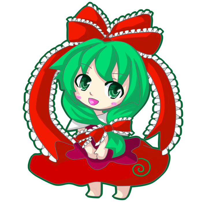 koori rei yakko, kagiyama hina, touhou, bad id, bad pixiv id, 1girl, barefoot, blush, chibi, female focus, frills, front ponytail, green eyes, green hair, happy, matching hair/eyes, ribbon, solo