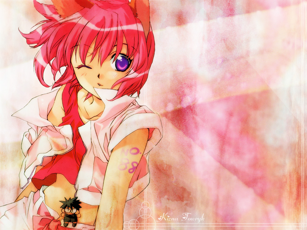 sugisaki yukiru, kizna towryk, zero enna, megami kouhosei, 1girl, animal ears, cat ears, character doll, doll, female focus, one eye closed, purple eyes, red hair, solo, wind, wink