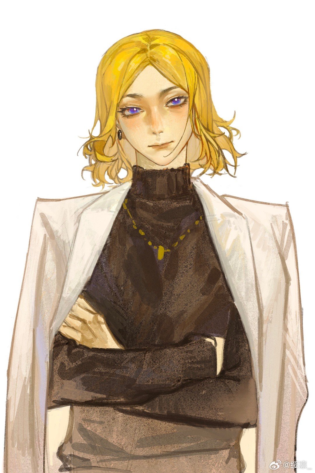 suilin82942, france (hetalia), axis powers hetalia, highres, 1boy, blonde hair, crossed arms, earrings, jacket, jacket on shoulders, jewelry, looking at viewer, male focus, medium hair, necklace, purple eyes, simple background, solo, turtleneck, upper body, white background