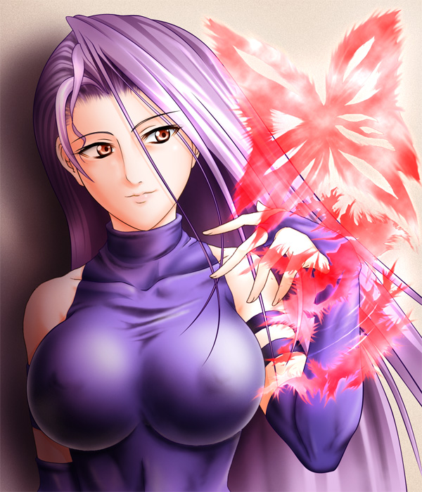 shimusu, psylocke, marvel, x-men, 1girl, animification, bare shoulders, breasts, covered erect nipples, elbow gloves, female focus, fingerless gloves, gloves, large breasts, leotard, long hair, orange eyes, skin tight, solo