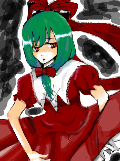 kagiyama hina, touhou, 1girl, female focus, green hair, orange eyes, ribbon, solo
