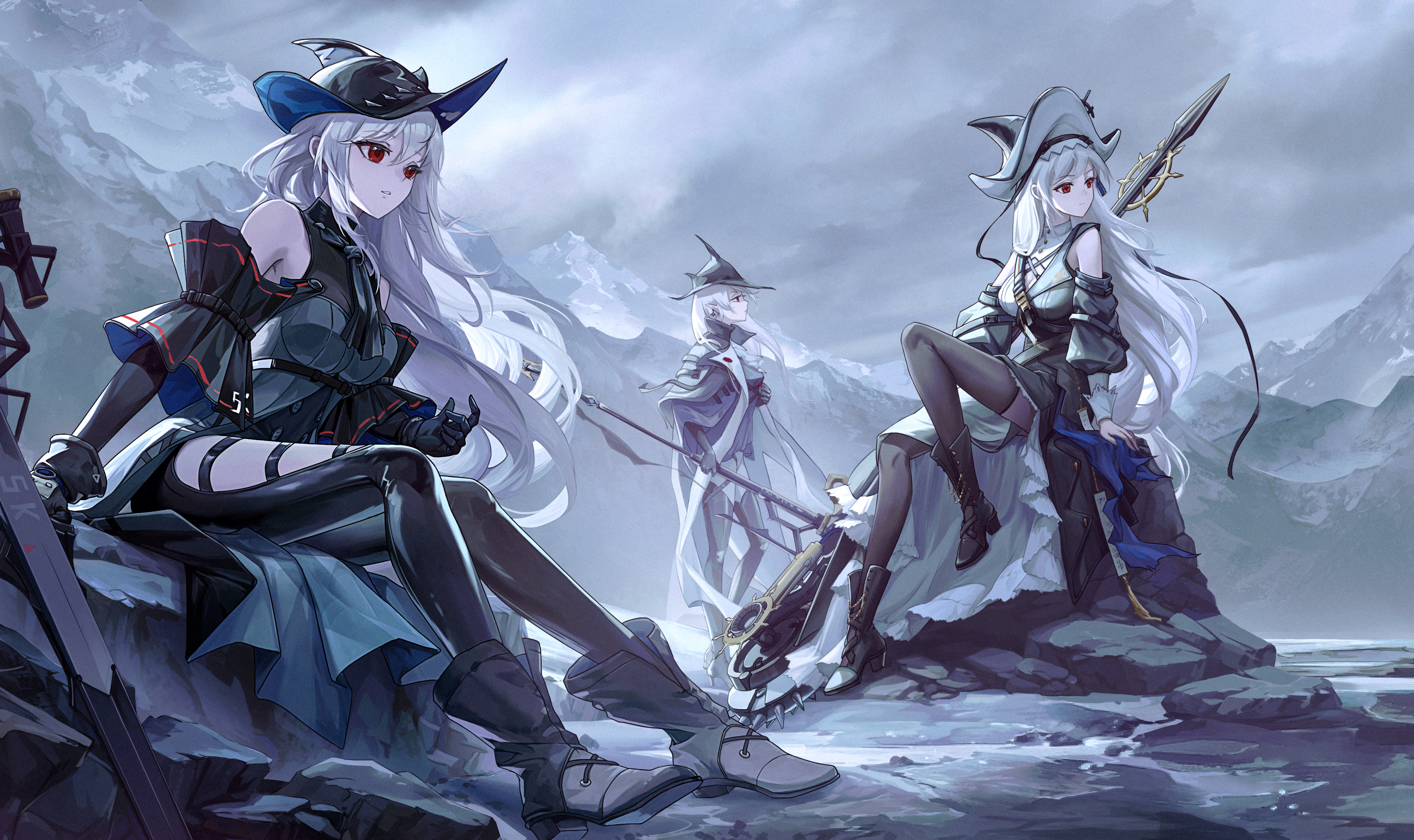 mangguosi30334, gladiia (arknights), skadi (arknights), specter (arknights), specter the unchained (arknights), arknights, absurdres, commentary request, highres, 3girls, ascot, black ascot, black boots, black gloves, black hat, black thighhighs, boots, breasts, cleavage, elbow gloves, expressionless, gloves, grey hair, grey sky, hat, holding, holding weapon, looking afar, multiple girls, on rock, outdoors, pointy ears, sidelocks, sitting, sky, standing, sword, thighhighs, weapon