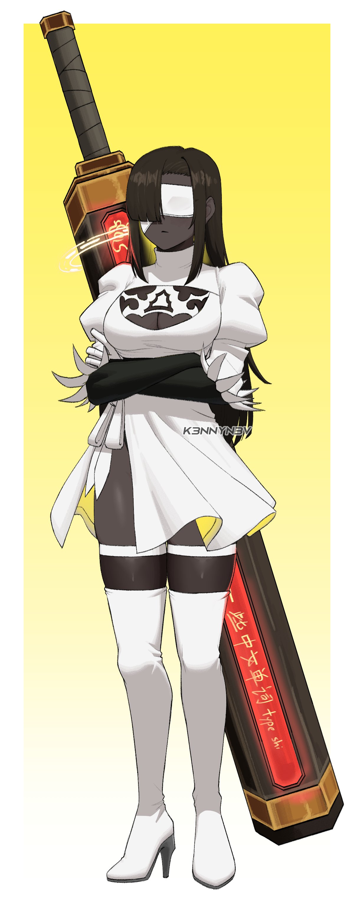 k3nnyn3v, 2b (nier:automata), zilu (project moon), limbus company, nier:automata, nier (series), project moon, absurdres, commentary, english commentary, highres, 1girl, 2b (nier:automata) (cosplay), artist name, black hair, black skin, blindfold, boots, breasts, cleavage cutout, clothing cutout, colored skin, cosplay, crossed arms, crossover, dark-skinned female, dark skin, dress, gradient background, high heel boots, high heels, puffy sleeves, solo, standing, thigh boots, white boots, white dress, yellow background