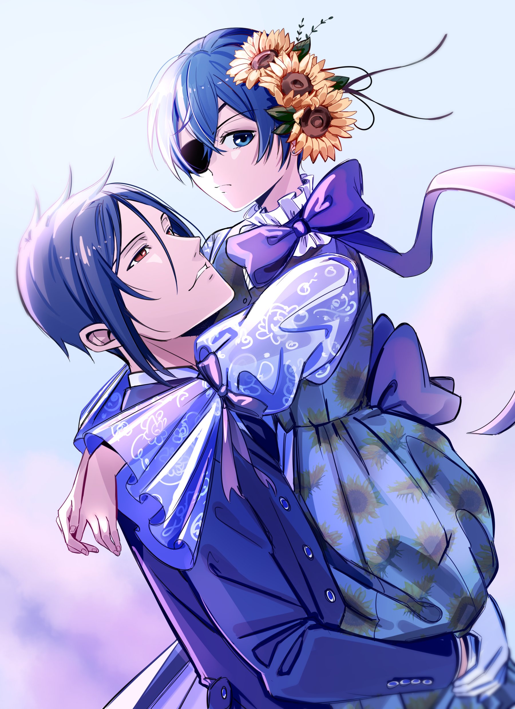 uneasywolf, ciel phantomhive, sebastian michaelis, kuroshitsuji, absurdres, highres, 2boys, age difference, blue eyes, blue hair, bow, closed mouth, crossdressing, crossdressing (mtf), earrings, eyepatch, formal clothes, gloves, hair between eyes, jewelry, long sleeves, male focus, multiple boys, onii-shota, short hair, smile, suit, trap