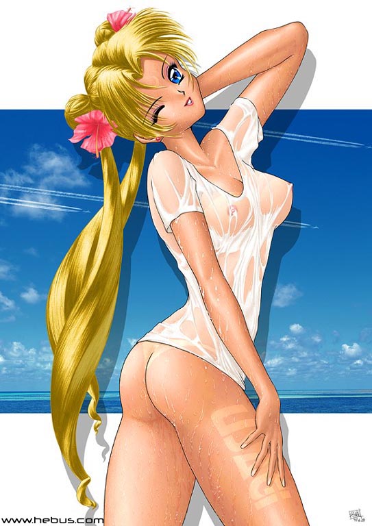 satoshi igarashi, tsukino usagi, bishoujo senshi sailor moon, jpeg artifacts, 1990s (style), 1girl, ass, bikini tan, blonde hair, blue eyes, bottomless, breasts, cloud, double bun, earrings, female focus, flower, hair bun, hair flower, hair ornament, hebus.com, jewelry, long hair, looking at viewer, medium breasts, ocean, one eye closed, outdoors, parted lips, retro artstyle, see-through clothes, shirt, sky, small areolae, small nipples, smile, solo, stud earrings, t-shirt, tan, tan tattoo, tanline, tattoo, twintails, very long hair, watermark, web address, wet, wet clothes, wet shirt, wink