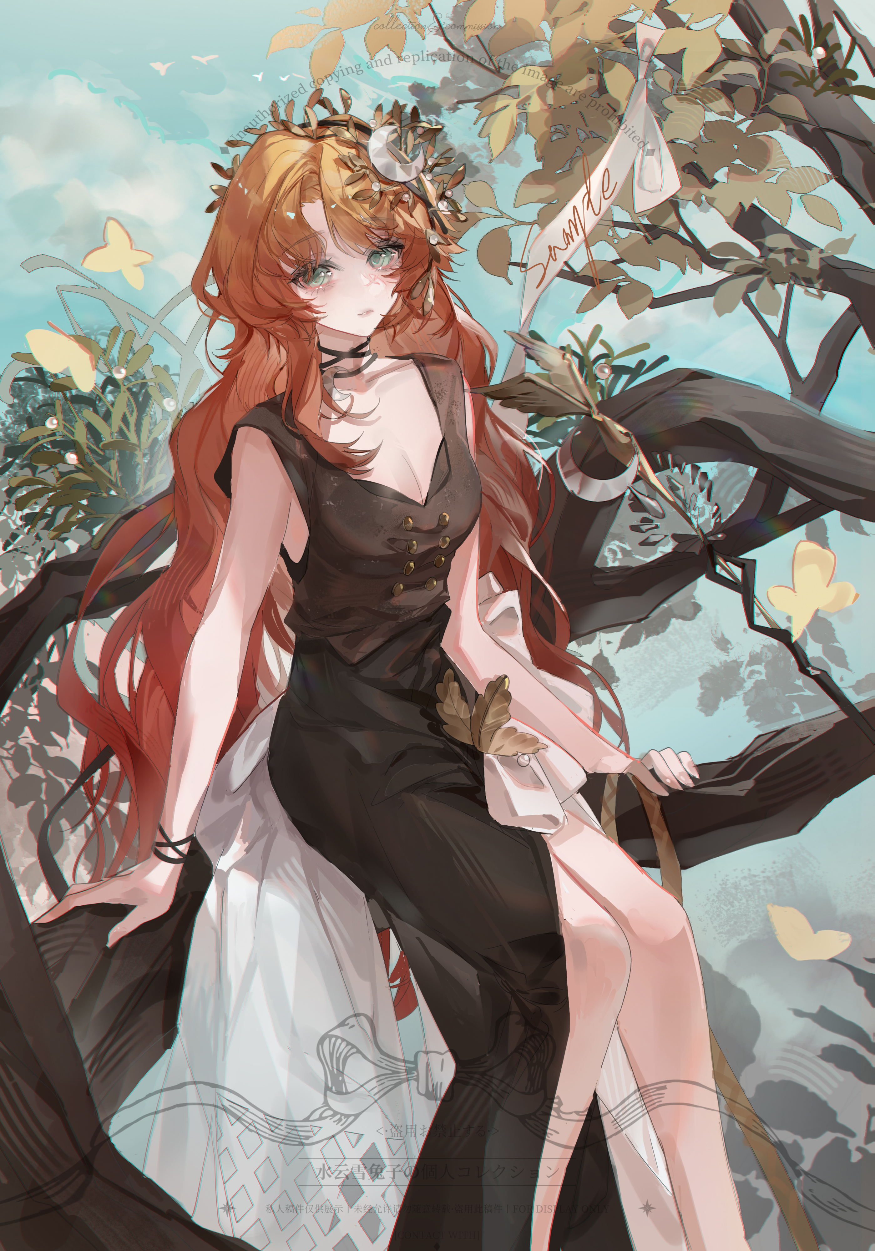 druvis iii, reverse:1999, absurdres, commission, highres, 1girl, bare arms, black dress, blue sky, branch, breasts, bug, butterfly, cleavage, closed mouth, crescent, crescent hair ornament, dress, feet out of frame, full body, green eyes, hair ornament, in tree, insect, leaf hair ornament, long dress, long hair, medium breasts, orange hair, sample watermark, shuiyun xuetuzi, side slit, sitting, sitting in tree, sitting on branch, sky, sleeveless, sleeveless dress, solo, tree, very long hair, watermark, yellow butterfly