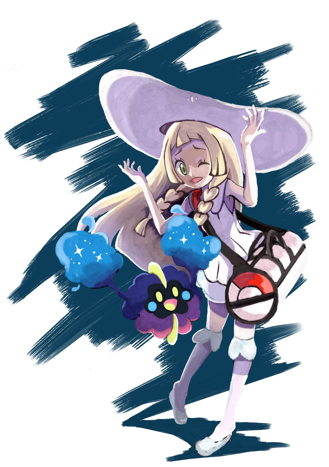 kisama (0213), cosmog, lillie (pokemon), nintendo, pokemon, pokemon sm, highres, ;d, bag, blonde hair, braid, dress, duffel bag, full body, gen 7 pokemon, green eyes, hat, legendary pokemon, long hair, one eye closed, open mouth, pokemon (creature), sleeveless, sleeveless dress, smile, twin braids, white dress, white hat