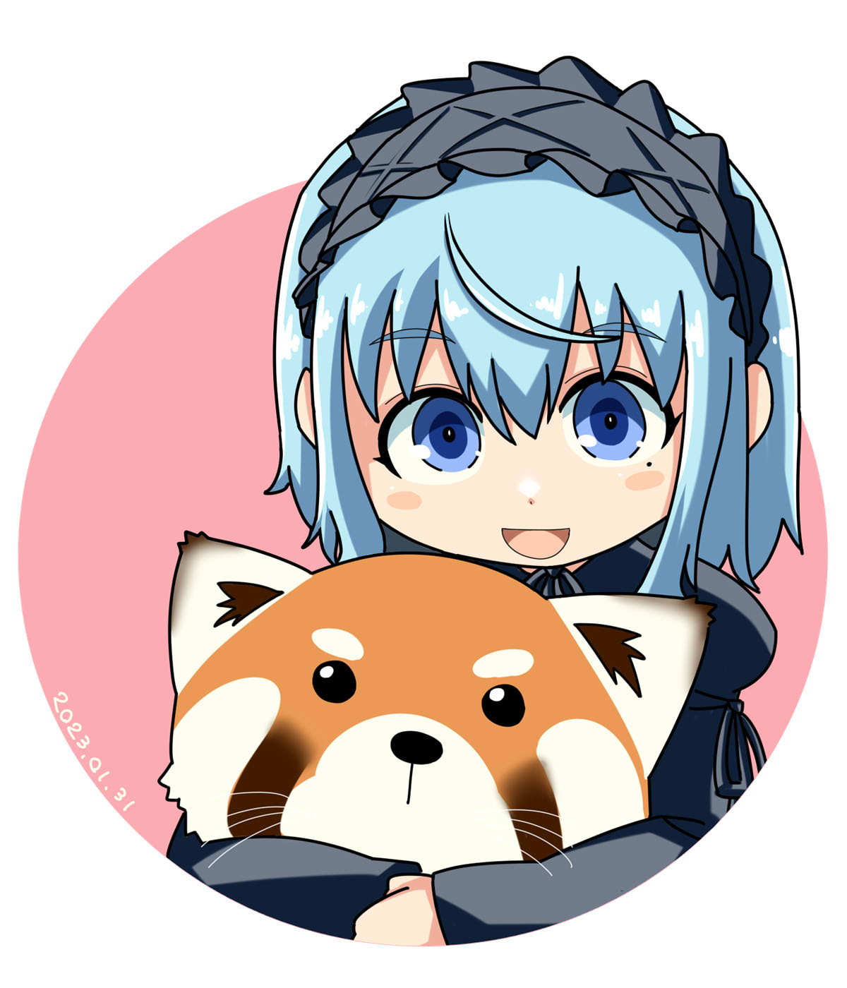 itini-sanshi, 2channel, commentary request, highres, 1boy, 2channel (/livejupiter/), :d, aile-kun, blue eyes, blue hair, blush stickers, dated, frilled hairband, frills, grey hairband, hairband, looking at viewer, male focus, mole, mole under eye, open mouth, red panda, short hair, smile, solo