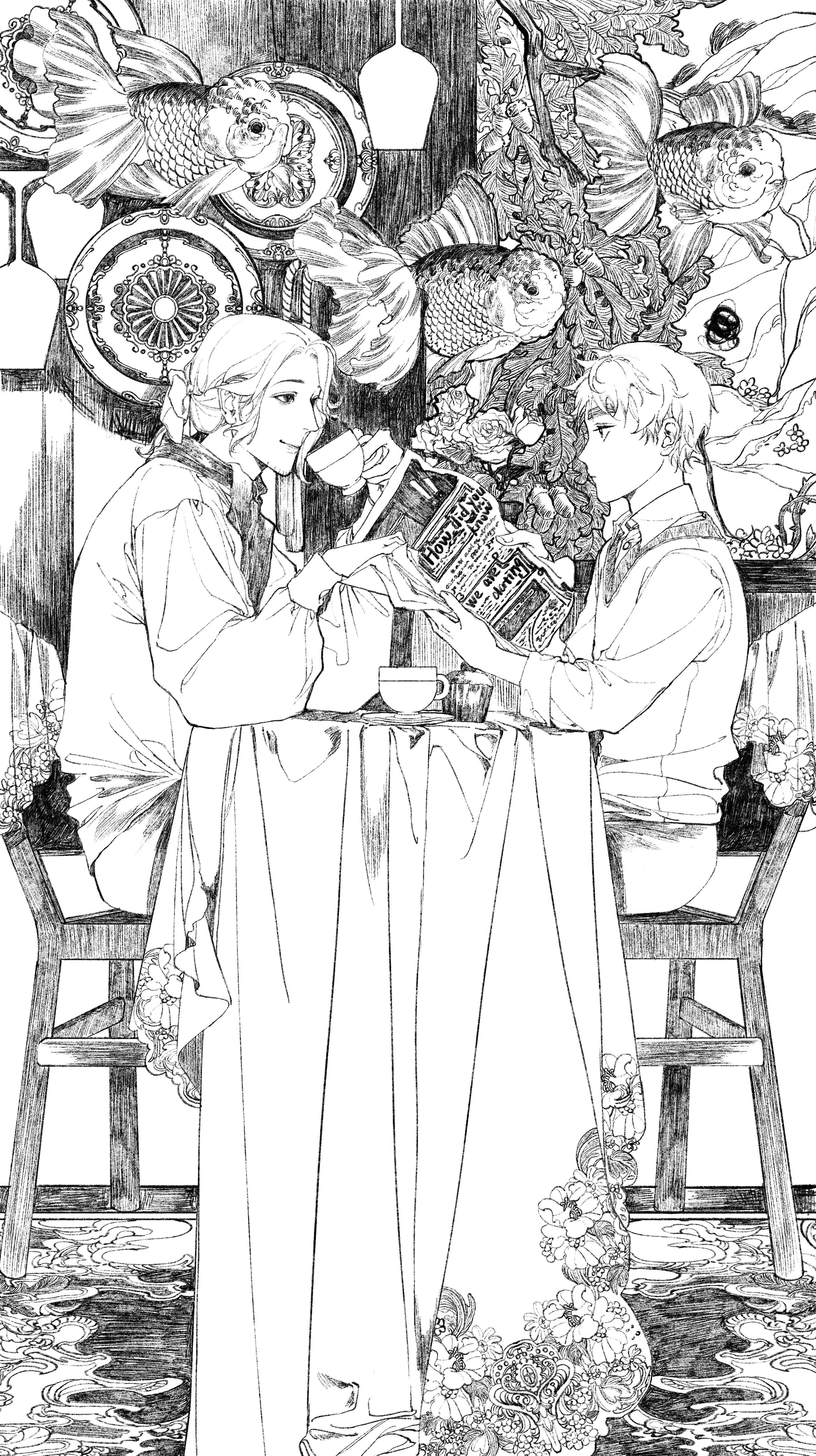 suilin82942, france (hetalia), united kingdom (hetalia), axis powers hetalia, absurdres, highres, 2boys, bow, chair, cup, facial hair, fish, flower, goatee stubble, greyscale, hair bow, holding, holding cup, holding newspaper, male focus, medium hair, monochrome, multiple boys, newspaper, on chair, ponytail, short hair, sitting, smile, stubble, table, thick eyebrows
