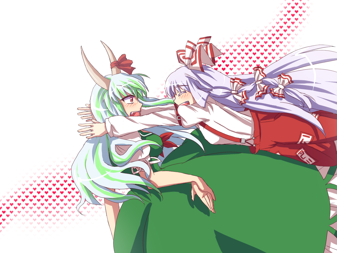 mizu mochi, ex-keine, fujiwara no mokou, kamishirasawa keine, touhou, bad id, bad pixiv id, 2girls, blush, bow, female focus, green hair, horns, hug, multiple girls, surprised, white hair
