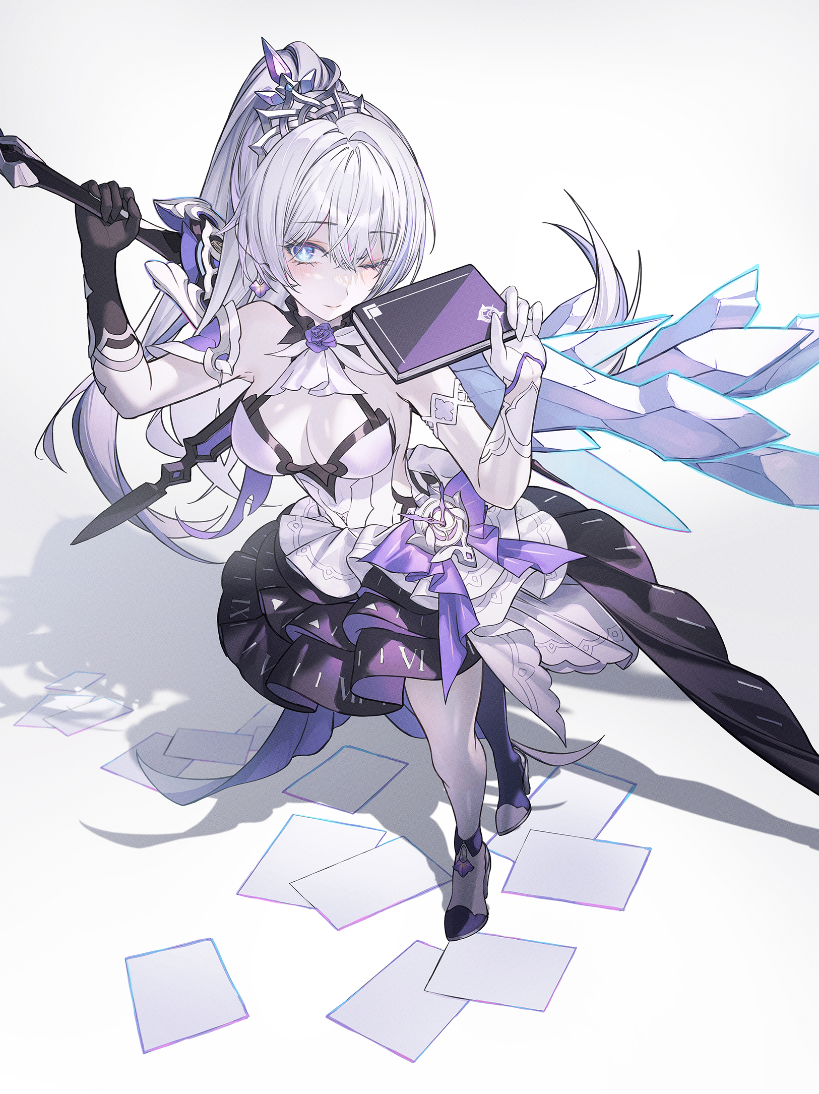neon (pixiv 31150749), kiana kaslana, kiana kaslana (herrscher of flamescion), kiana kaslana (time runner), honkai (series), honkai impact 3rd, commentary, hashtag-only commentary, highres, 1girl, asymmetrical gloves, bare shoulders, black gloves, blue eyes, book, breasts, bright pupils, cleavage, closed mouth, dress, full body, gloves, hair between eyes, high heels, holding, holding book, holding sword, holding weapon, long hair, looking at viewer, medium breasts, mismatched gloves, multicolored hair, official alternate costume, one eye closed, ponytail, roman numeral, shadow, smile, solo, standing, streaked hair, sword, very long hair, weapon, white dress, white gloves, white hair, white pupils, white tiara