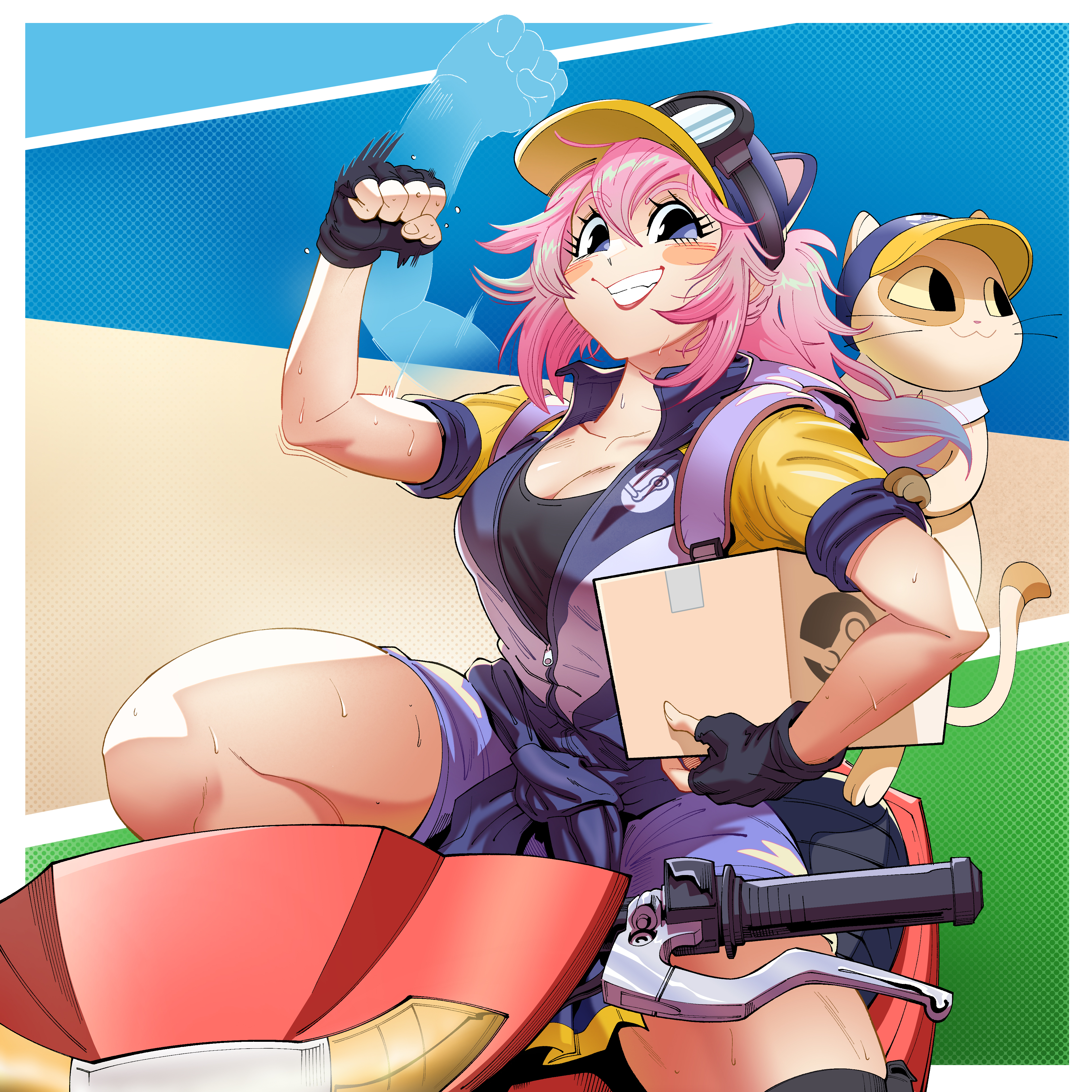 steam delivery girl, steam (platform), absurdres, commentary, english commentary, highres, 1girl, :3, bigboyrobo, black shirt, blue background, blue eyes, blue hat, blue jacket, blush, border, box, breasts, cat, cleavage, clenched hand, collarbone, drop shadow, eyelashes, eyewear on headwear, feet out of frame, fingernails, green background, hand up, hat, hat with ears, holding, holding box, jacket, knee up, large breasts, long hair, looking at viewer, looking to the side, motor vehicle, motorcycle, no pupils, on motorcycle, open mouth, outside border, partially unzipped, pink hair, ponytail, purple bag, purple shorts, red lips, shirt, shorts, sidelocks, smile, steam sale cat, sweat, teeth, thick thighs, thighs, toned, toned female, white border, yellow background