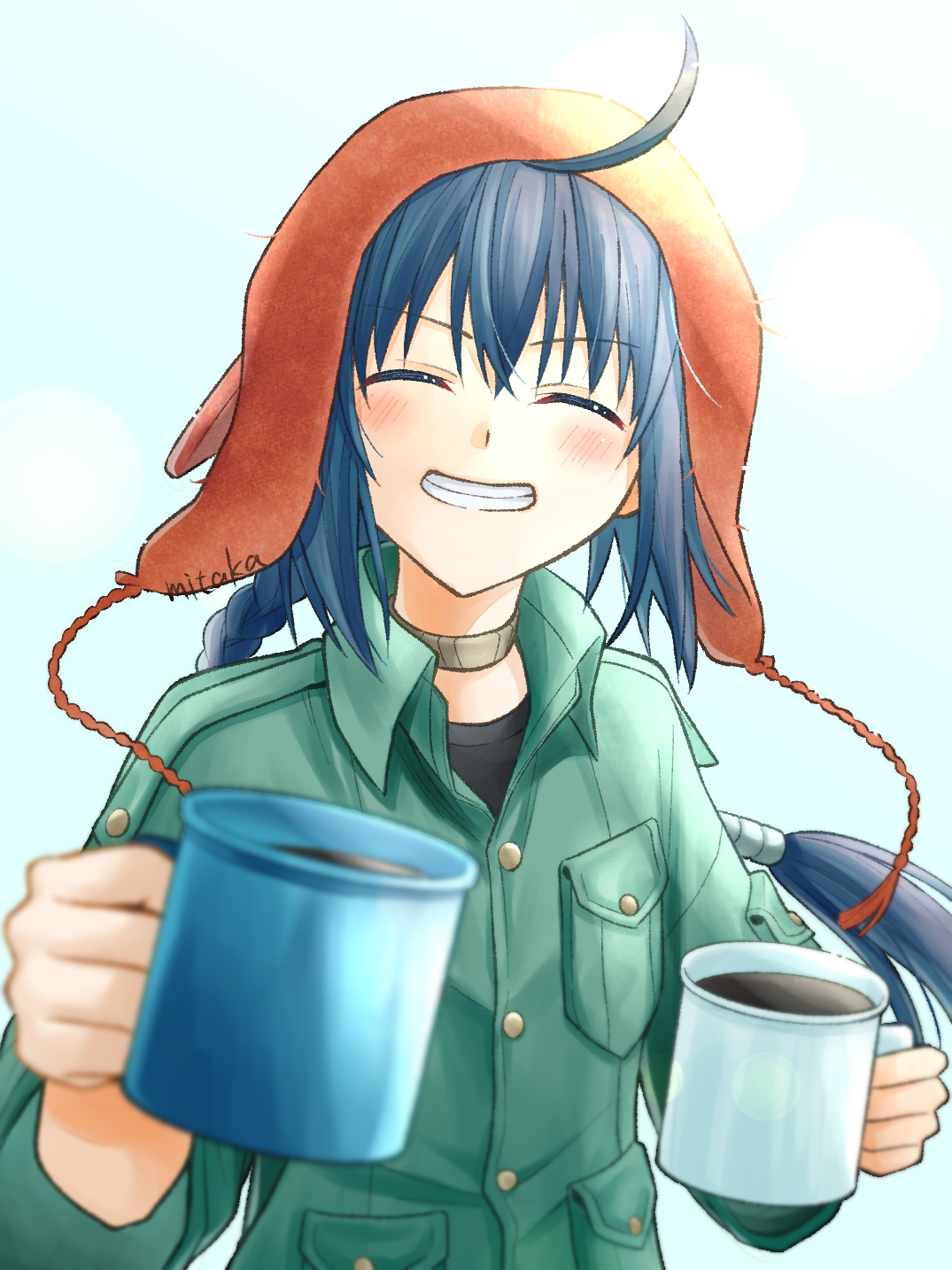 mitaka0205, yamato takeru (fate), fate/grand order, fate (series), highres, 1other, ahoge, beanie, black hair, braid, brown choker, buttons, choker, closed eyes, cup, earflap beanie, green shirt, grin, hat, holding, holding cup, long braid, mug, orange hat, other focus, shirt, sidelocks, single braid, smile, solo, yamato takeru (over the same sky) (fate)