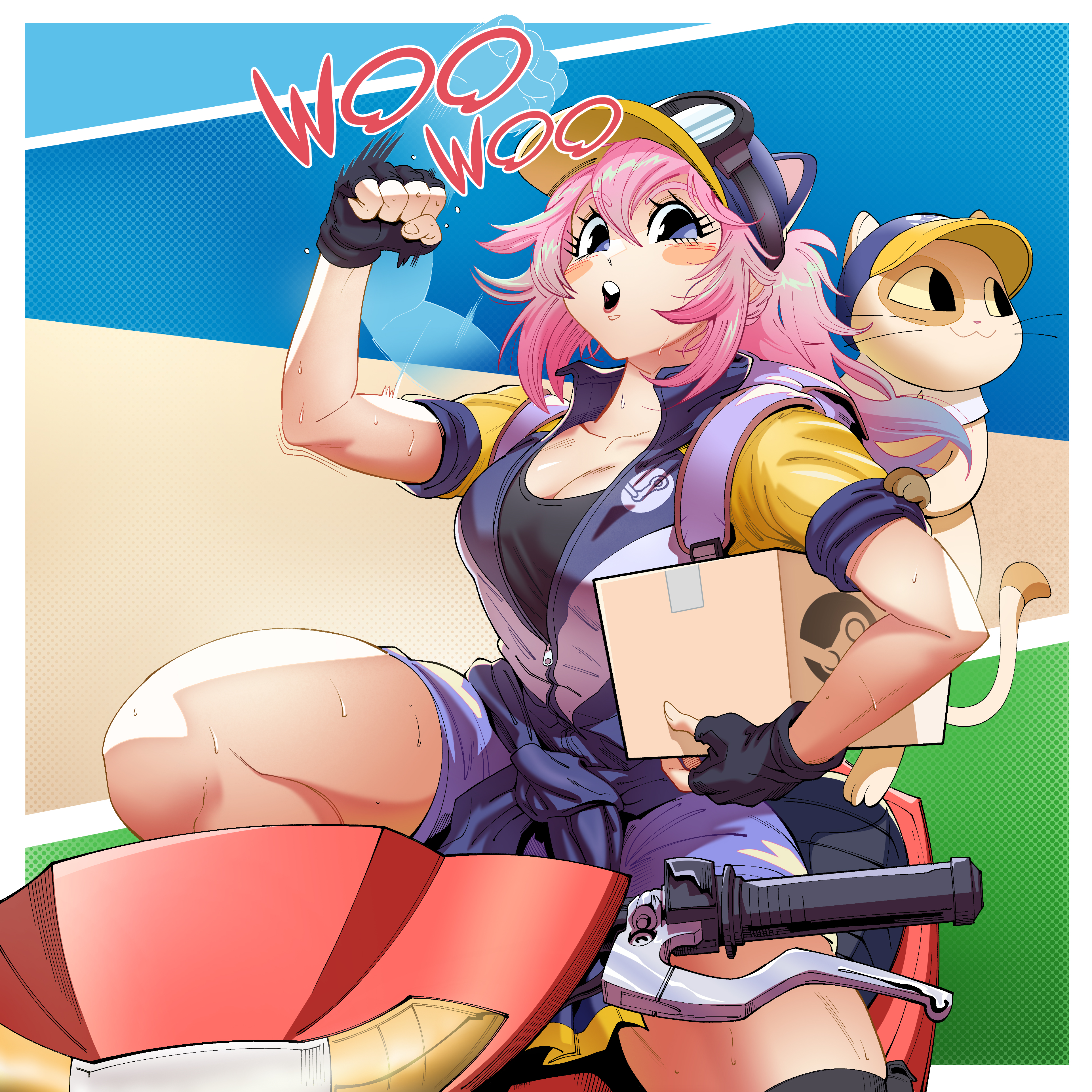 steam delivery girl, steam (platform), absurdres, commentary, english commentary, highres, 1girl, :3, bigboyrobo, black shirt, blue background, blue eyes, blue hat, blue jacket, blush, border, box, breasts, cat, cleavage, clenched hand, collarbone, drop shadow, english text, eyelashes, eyewear on headwear, feet out of frame, fingernails, green background, hand up, hat, hat with ears, holding, holding box, jacket, knee up, large breasts, long hair, looking at viewer, looking to the side, motor vehicle, motorcycle, no pupils, on motorcycle, open mouth, outside border, partially unzipped, pink hair, ponytail, purple bag, purple shorts, red lips, shirt, shorts, sidelocks, steam sale cat, sweat, teeth, thick thighs, thighs, toned, toned female, upper teeth only, white border, yellow background