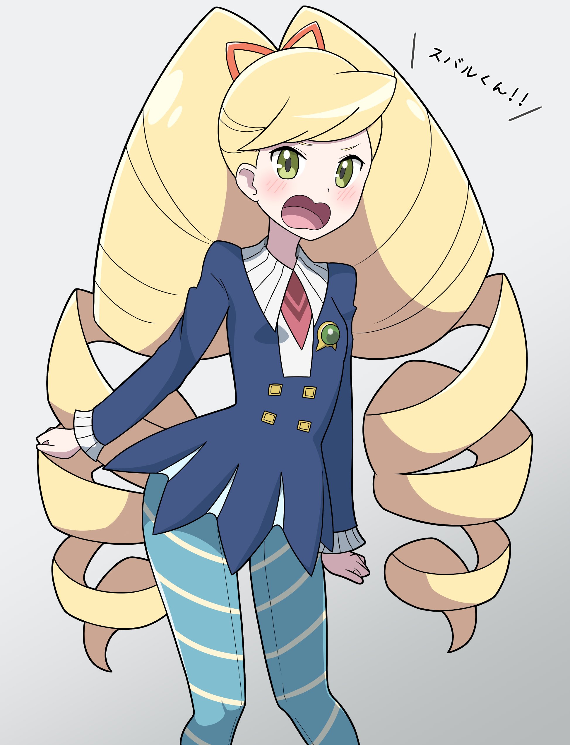 araki megami, luna platz (mega man), mega man (series), mega man star force (series), absurdres, highres, 1girl, :o, big hair, blonde hair, blue dress, blue pantyhose, blush, bow, dress, drill hair, green eyes, hair bow, long hair, long sleeves, looking at viewer, open mouth, pantyhose, solo, striped clothes, striped pantyhose, twin drills, very long hair
