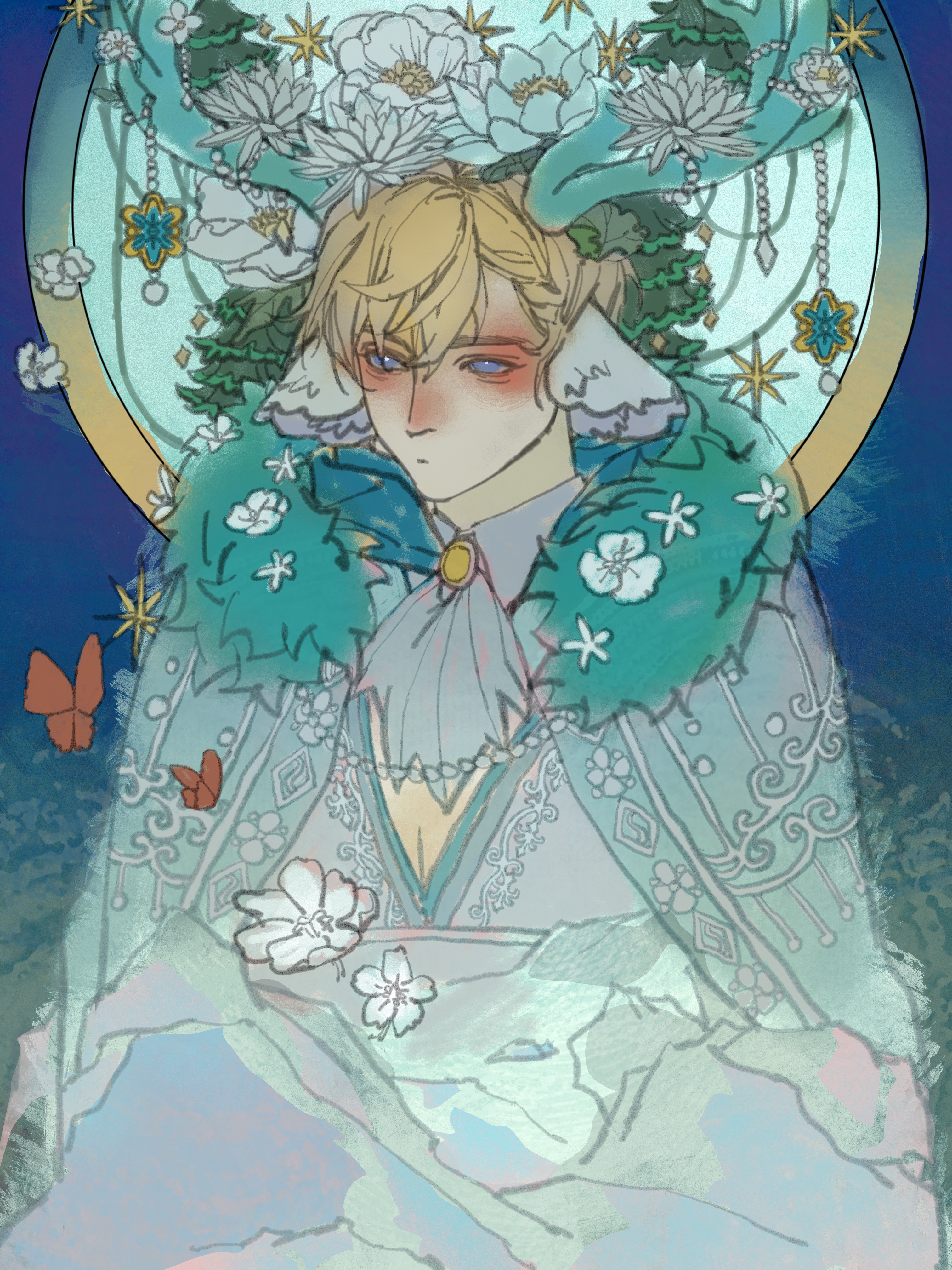 suilin82942, norway (hetalia), axis powers hetalia, absurdres, highres, 1boy, animal ears, antlers, ascot, blonde hair, blue eyes, bug, butterfly, cloak, deer antlers, deer boy, deer ears, flower, fur-trimmed cloak, fur trim, horn ornament, horns, insect, jewelry, male focus, short hair, solo, upper body