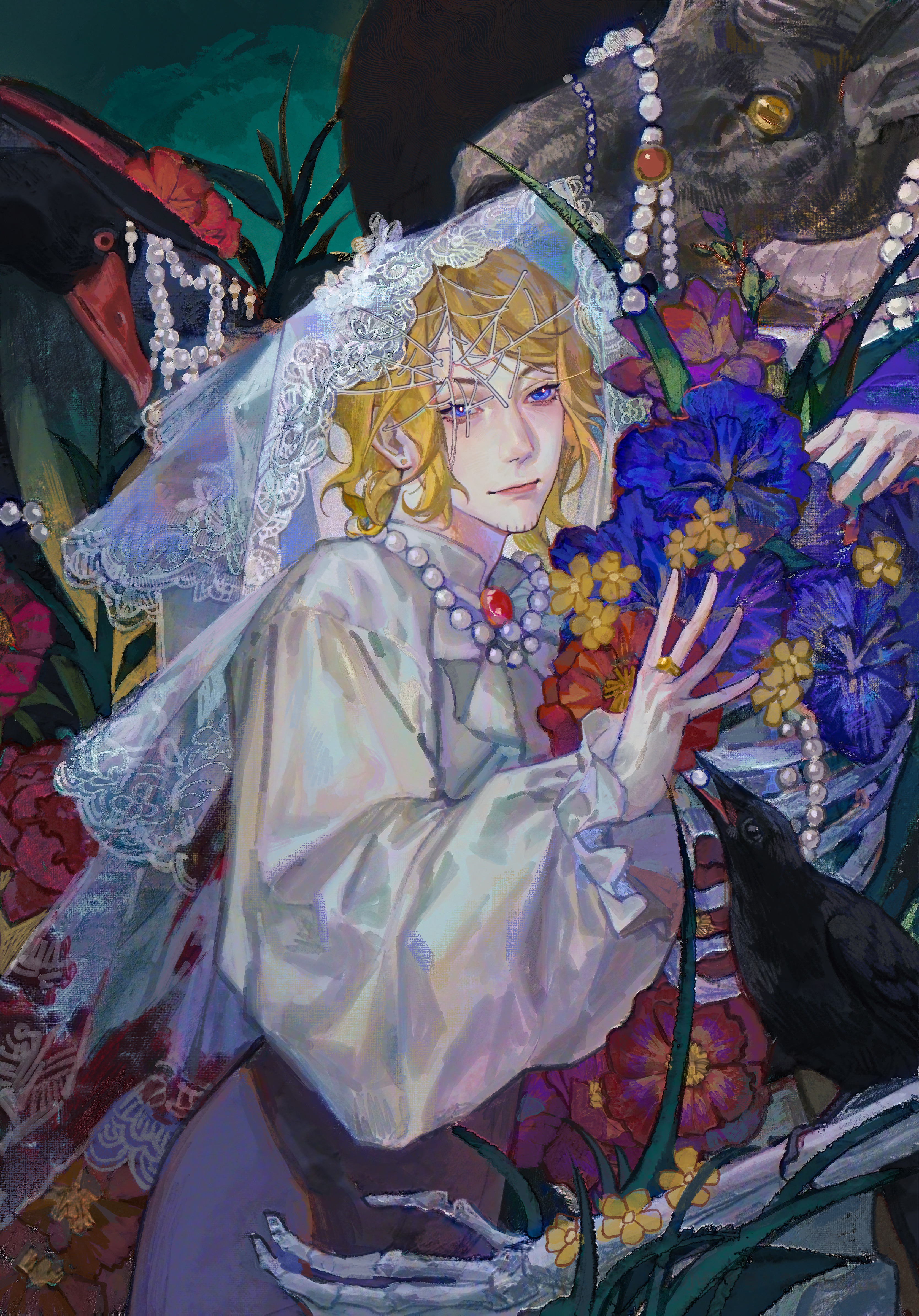 suilin82942, france (hetalia), axis powers hetalia, absurdres, highres, 1boy, bird, blonde hair, blue eyes, cowboy shot, facial hair, flower, goat, goatee stubble, jewelry, long sleeves, male focus, medium hair, necklace, ring, see-through clothes, see-through veil, shirt, skeleton, smile, solo, stubble, veil, white shirt, white veil