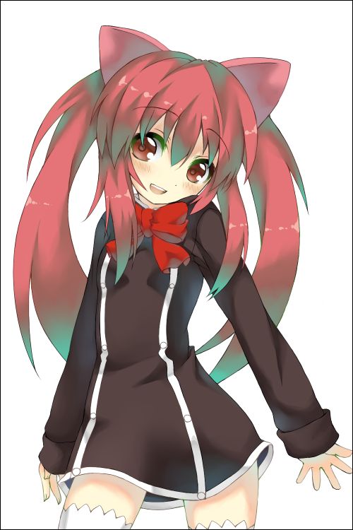 shingetsu takehito, aloe, aloe (quiz magic academy), quiz magic academy, 1girl, animal ears, female focus, long hair, red eyes, red hair, solo, thighhighs, twintails