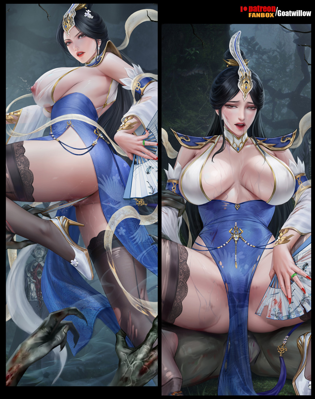 goatwillow, highres, 1girl, ass, black hair, black thighhighs, blue dress, breasts, covered erect nipples, detached sleeves, dress, folding fan, hair ornament, hand fan, hetero, high heels, holding, holding fan, jewelry, large breasts, leg up, long hair, looking at viewer, monster, multiple boys, multiple views, nipples, patreon username, red nails, see-through clothes, solo focus, spread legs, thighhighs, thighs, torn clothes, torn thighhighs