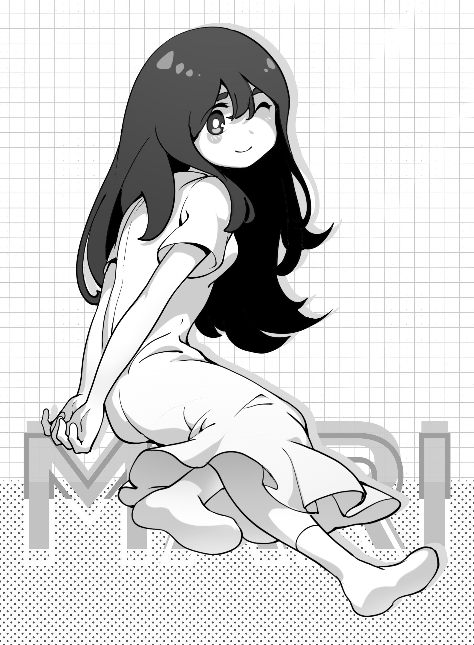 zs zealsummer, mari (omori), mari (spirit) (omori), omori, commentary, english commentary, highres, 1girl, arms behind back, blush stickers, bright pupils, character name, closed mouth, dress, drop shadow, eyelashes, full body, greyscale, grid background, hair between eyes, halftone, halftone background, happy, leg up, long dress, long hair, monochrome, one eye closed, pleated dress, short sleeves, sidelocks, single blush sticker, smile, socks, solo, tareme, very long hair, white background