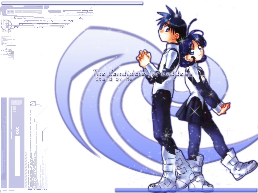 roose sawamura, wrecka toesing, megami kouhosei, uniform, 1boy, 1girl, back-to-back, blue hair