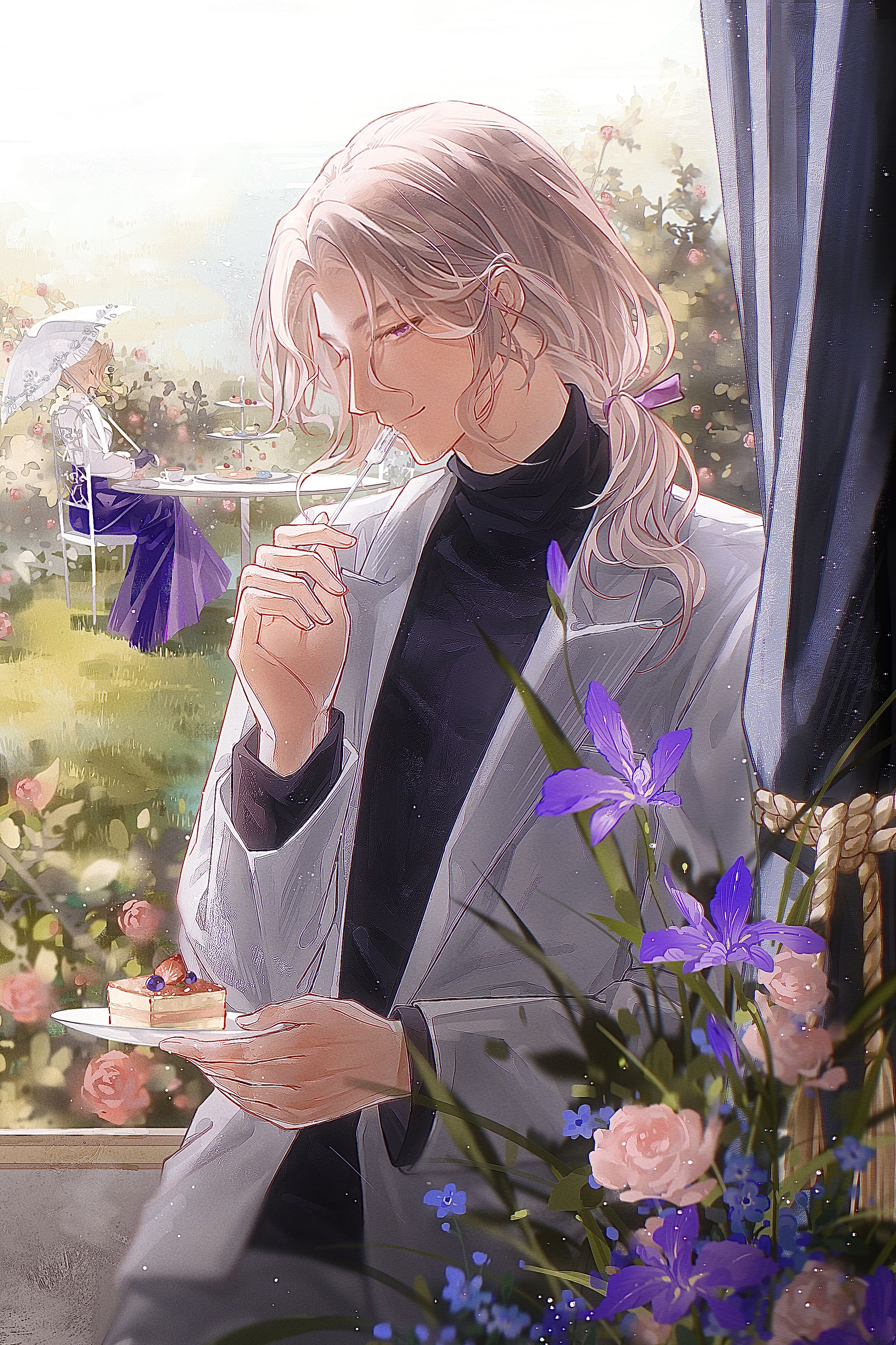 france (hetalia), axis powers hetalia, absurdres, highres, 1boy, 1girl, blonde hair, bow, cake, chair, day, facial hair, flower, flower bush, food, fork, france (female) (hetalia), goatee stubble, guixiao120, hair bow, holding, holding cake, holding food, holding fork, holding plate, holding umbrella, jacket, long sleeves, looking at viewer, low ponytail, medium hair, on chair, outdoors, parasol, plate, ponytail, purple eyes, shirt, sitting, skirt, smile, stubble, table, turtleneck, umbrella