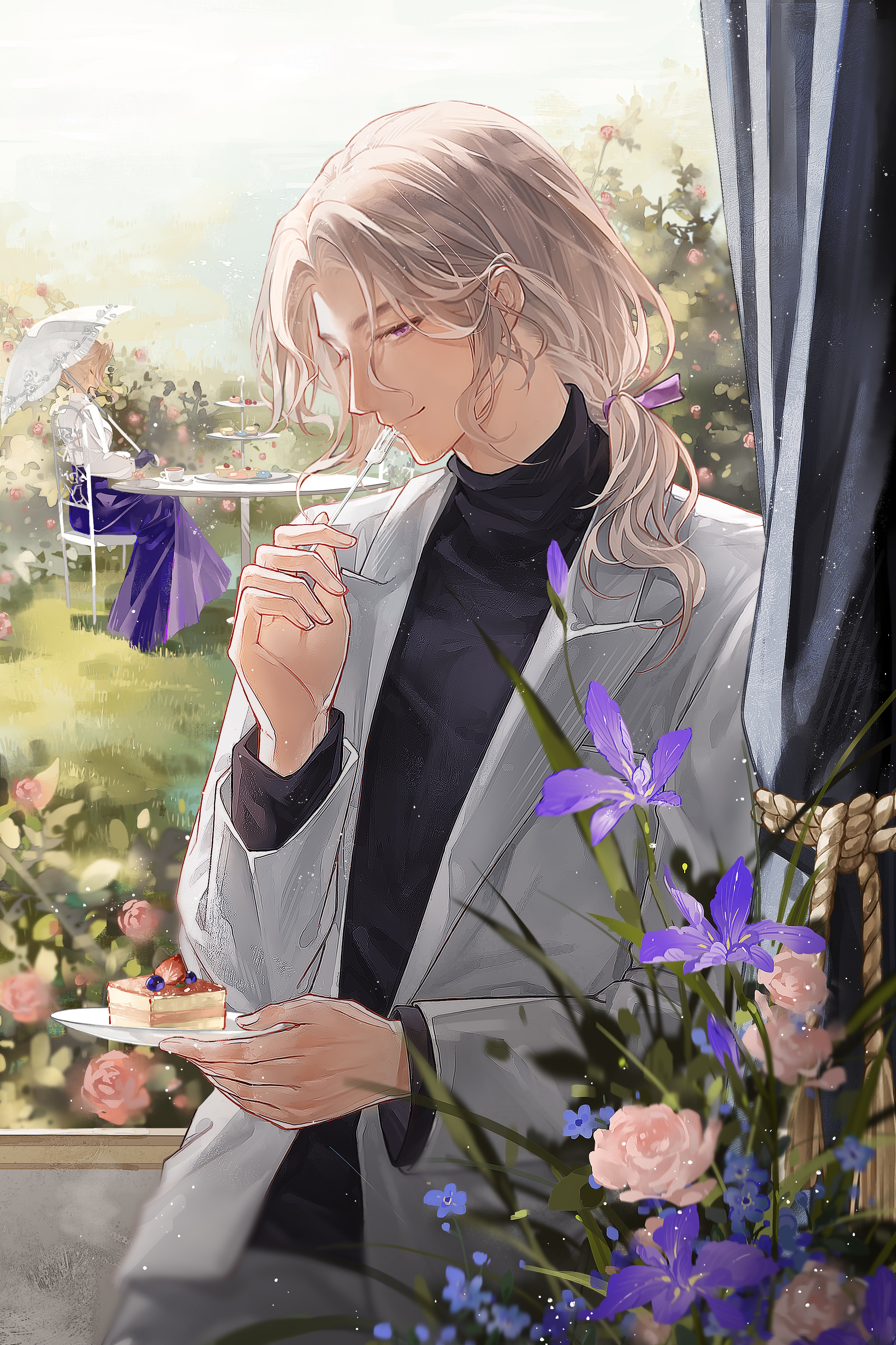 france (hetalia), axis powers hetalia, absurdres, highres, 1boy, 1girl, blonde hair, bow, cake, chair, day, facial hair, flower, flower bush, food, fork, france (female) (hetalia), goatee stubble, guixiao120, hair bow, holding, holding cake, holding food, holding fork, holding plate, holding umbrella, jacket, long sleeves, looking at viewer, low ponytail, medium hair, on chair, outdoors, parasol, plate, ponytail, purple eyes, shirt, sitting, skirt, smile, stubble, table, turtleneck, umbrella