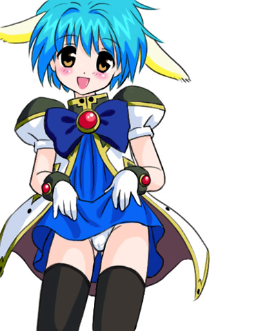 mint blancmanche, galaxy angel, lowres, non-web source, 00s, 1girl, animal ears, black thighhighs, blue hair, blush, clothes lift, dress, dress lift, female focus, gloves, looking at viewer, military, military uniform, open mouth, panties, pantyshot, puffy sleeves, short dress, short hair, simple background, skirt, skirt lift, smile, solo, thighhighs, underwear, white background, white panties, yellow eyes