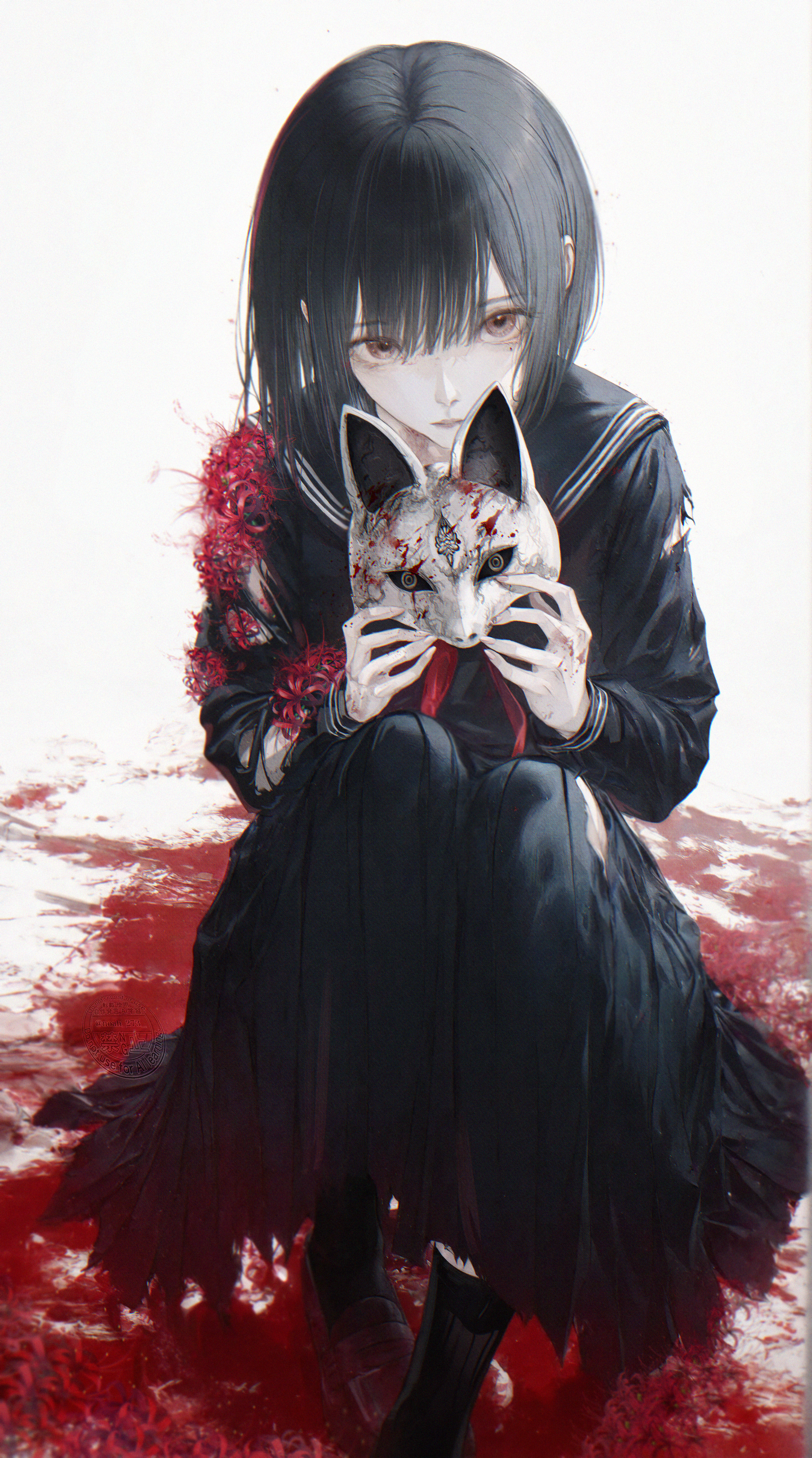 renoahh, shimizu hinako, silent hill (series), silent hill f, absurdres, highres, 1girl, black hair, black sailor collar, black serafuku, black shirt, black shoes, black skirt, black socks, blood, brown eyes, closed mouth, flower, fox mask, hair between eyes, holding, holding mask, looking at viewer, mask, neckerchief, red neckerchief, sailor collar, school uniform, serafuku, shirt, shoes, short hair, skirt, socks, solo, spider lily