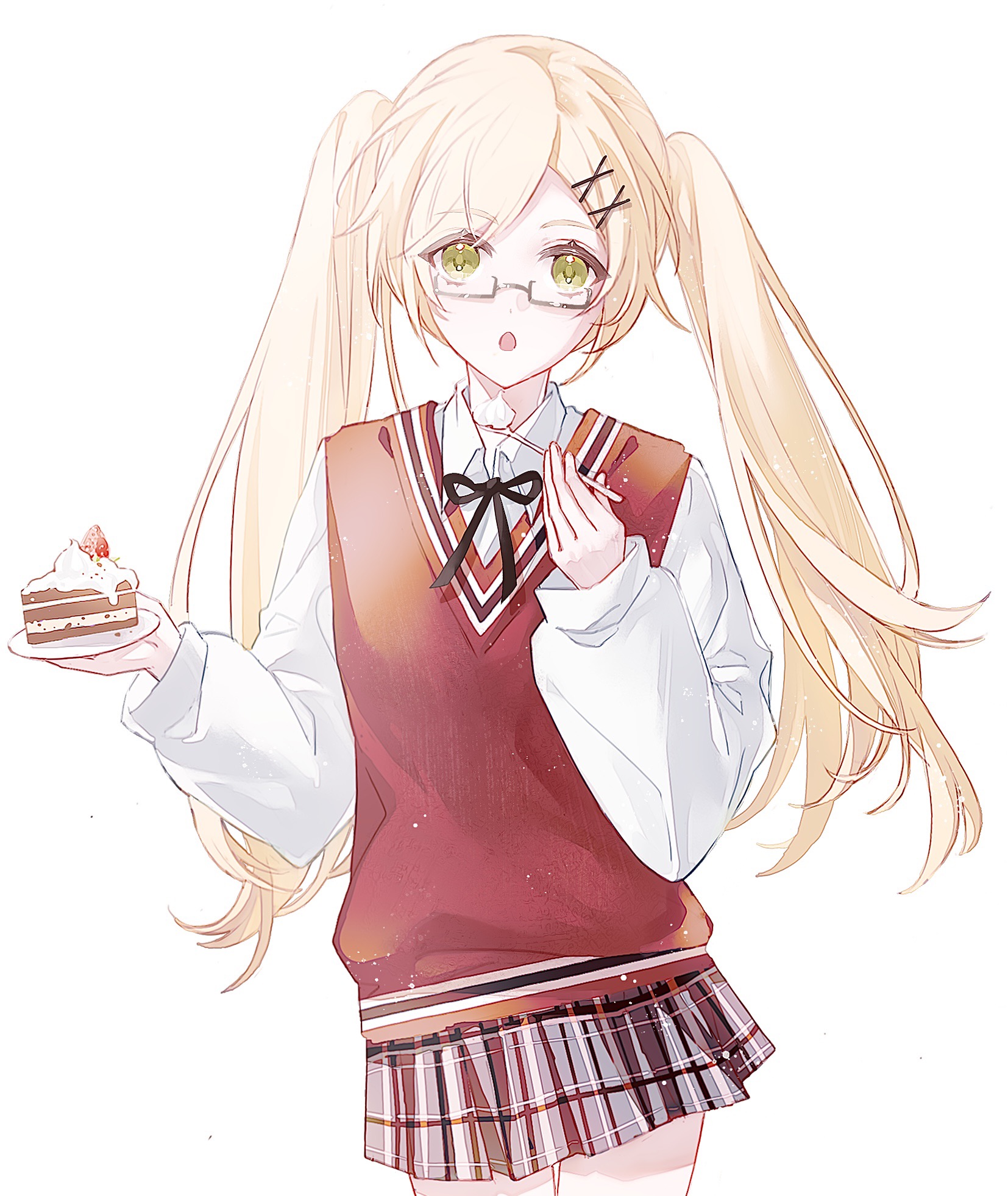 axis powers hetalia, highres, 1girl, blonde hair, cake, collared shirt, cowboy shot, food, glasses, green eyes, guixiao120, hair ornament, hairclip, holding, holding cake, holding food, holding plate, holding spoon, long hair, long sleeves, open mouth, plaid clothes, plaid skirt, plate, school uniform, shirt, simple background, skirt, solo, spoon, sweater vest, twintails, united kingdom (female) (hetalia), white background, white shirt