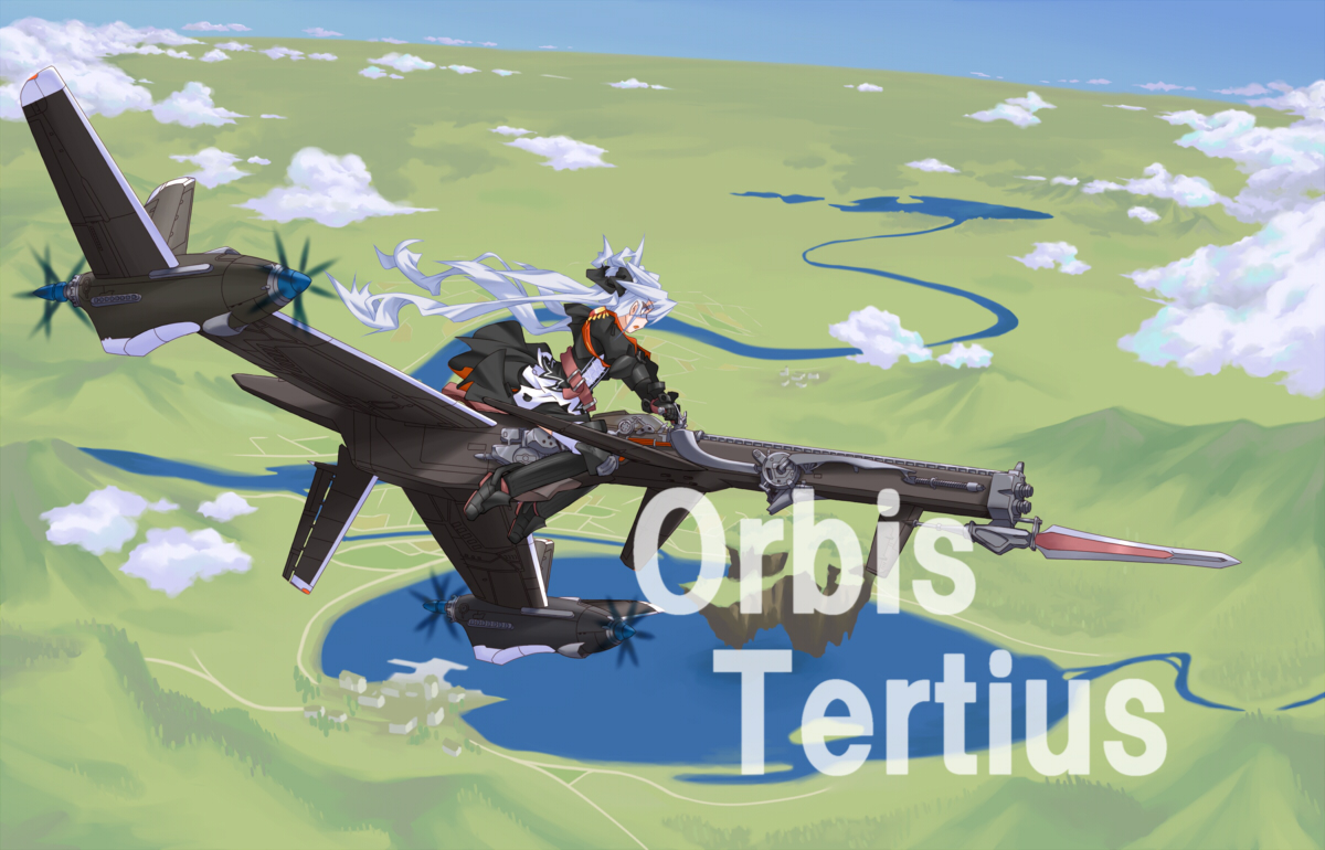mof, mof's silver haired twintailed girl, original, silver hair, 1girl, cloud, female focus, field, flying, from behind, grass, lake, machinery, river, scenery, solo, water